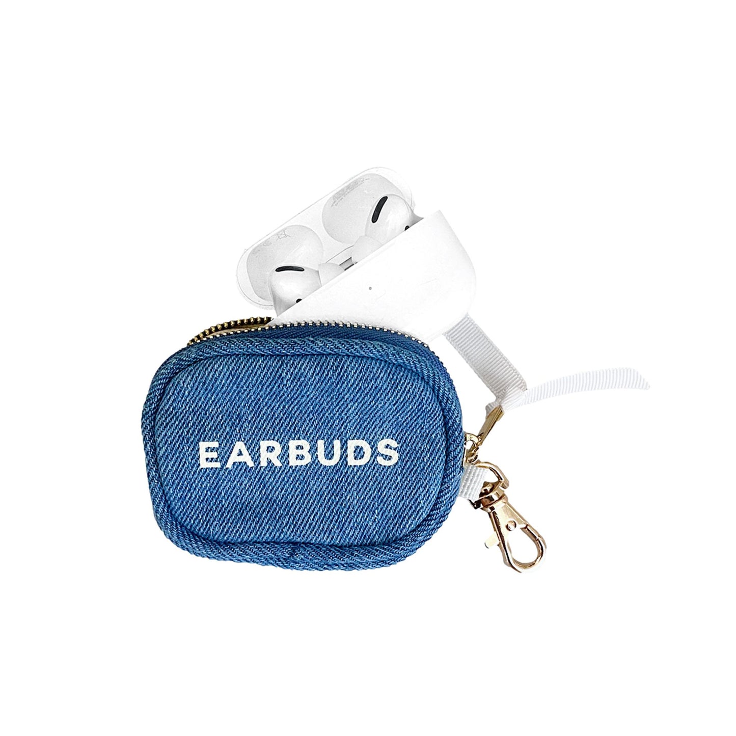 Bag-all Denim Earbuds Case with gold clasp and white lettering, featuring zipper closure and white piping, shown with AirPods inside protective cotton pouch