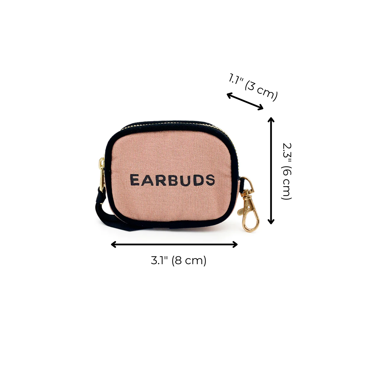 Bag-all Pink Earbuds Case with gold clasp and black trim, featuring cotton construction, zipper closure, and "EARBUDS" text. Measures 3.1" x 2.3" with detachable hook for accessories.