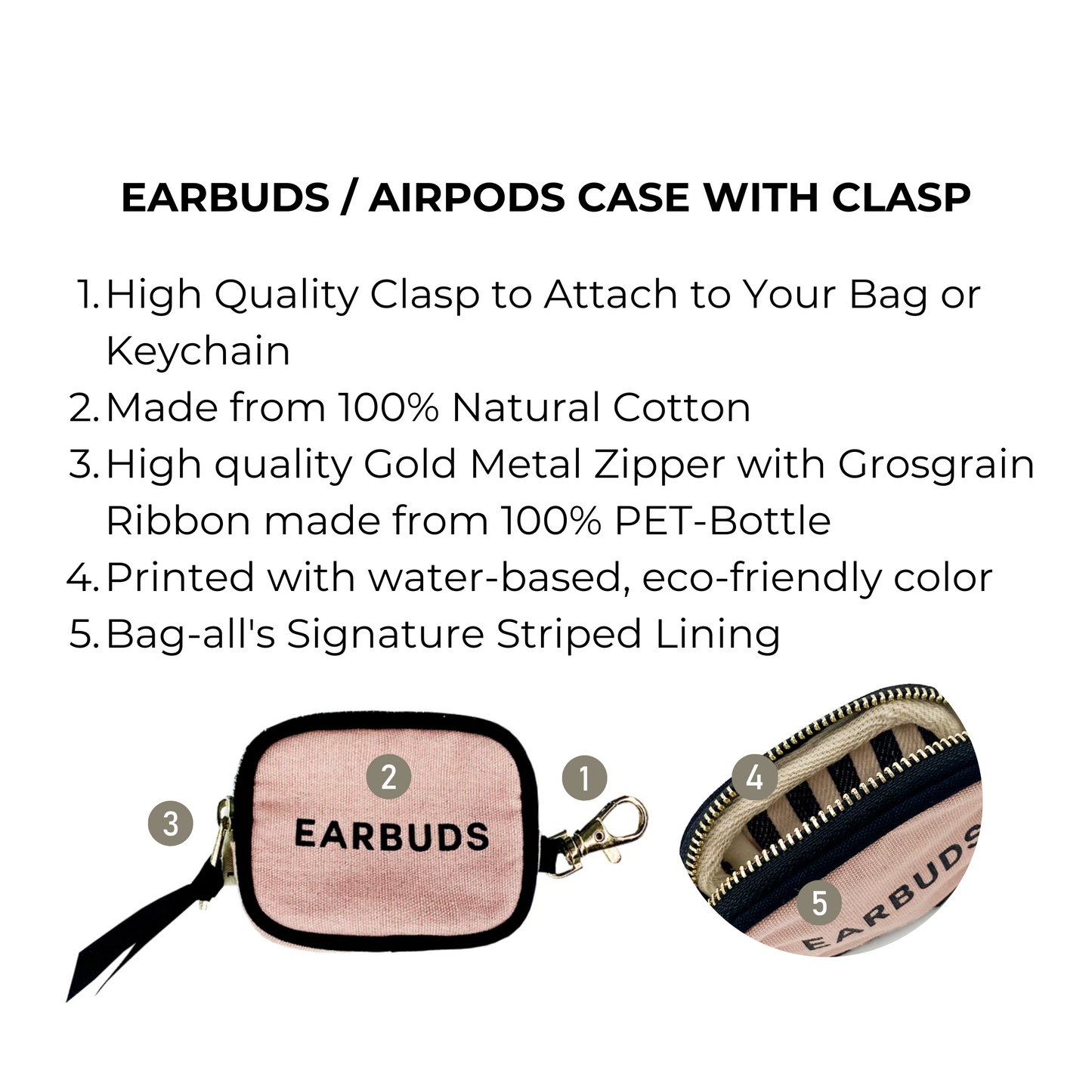 Bag-all Pink Earbuds/Airpods Case with Clasp featuring natural cotton construction, gold metal hardware, protective zipper closure, and signature striped lining in blush pink