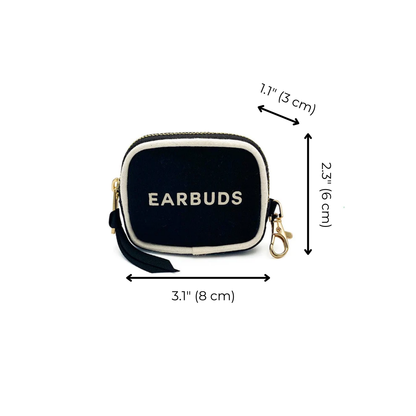 Bag-all Black Mini Earbuds Case with gold clasp and white piping, measuring 3.1x2.3 inches. Compact zipper storage for AirPods featuring white EARBUDS text on front