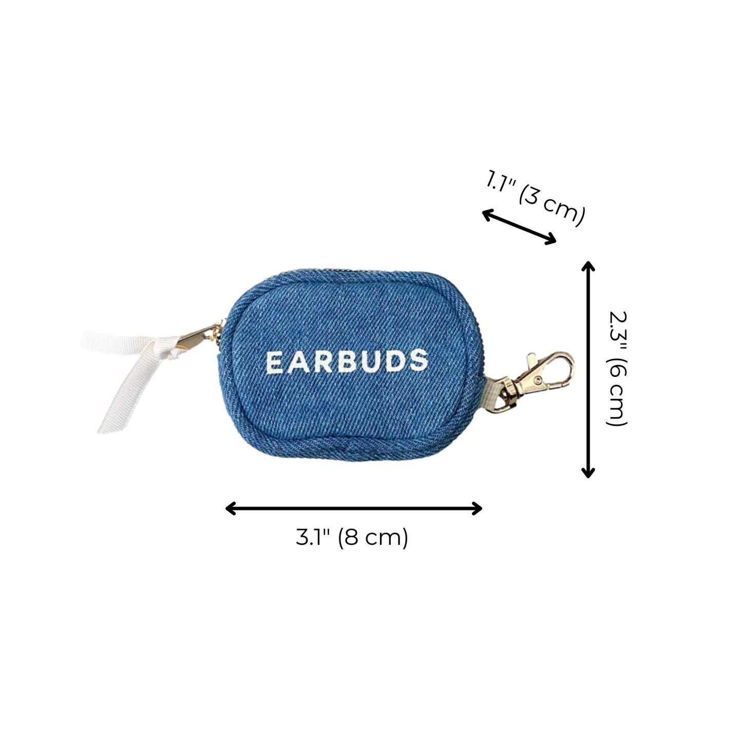 Bag-all Denim Earbuds Case with gold clasp and white lettering, featuring protective zipper closure and compact design measuring 3.1" x 2.3". Perfect for storing and organizing AirPods and earbuds.