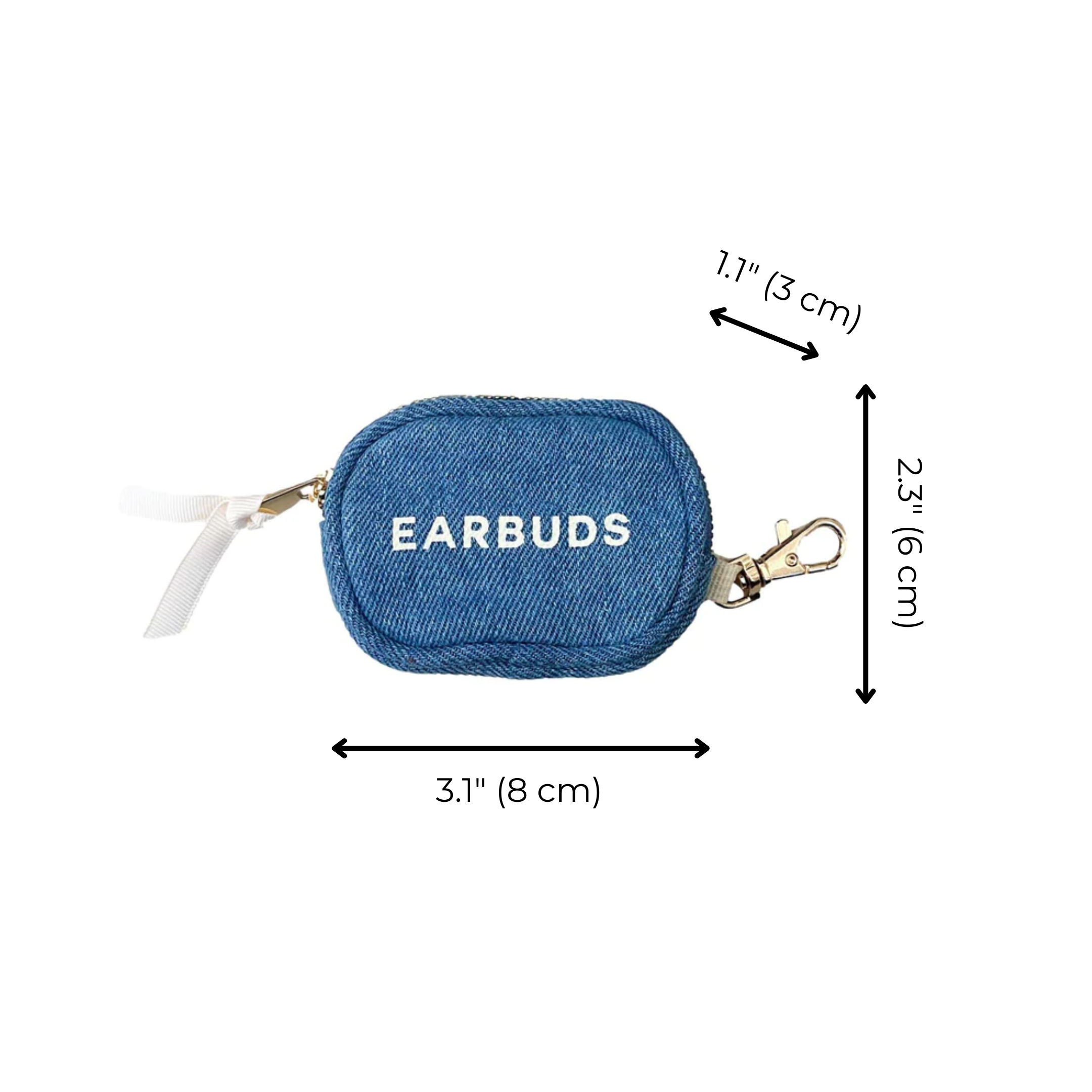 Bag-all Denim Earbuds Case with gold clasp and white lettering, featuring protective zipper closure and compact design measuring 3.1" x 2.3". Perfect for storing and organizing AirPods and earbuds.