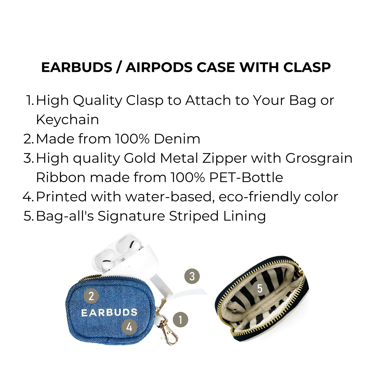 Bag-all Denim Earbuds Case with gold clasp and zipper, featuring eco-friendly materials, striped lining, and water-based printing. Perfect protection for AirPods and earbuds.