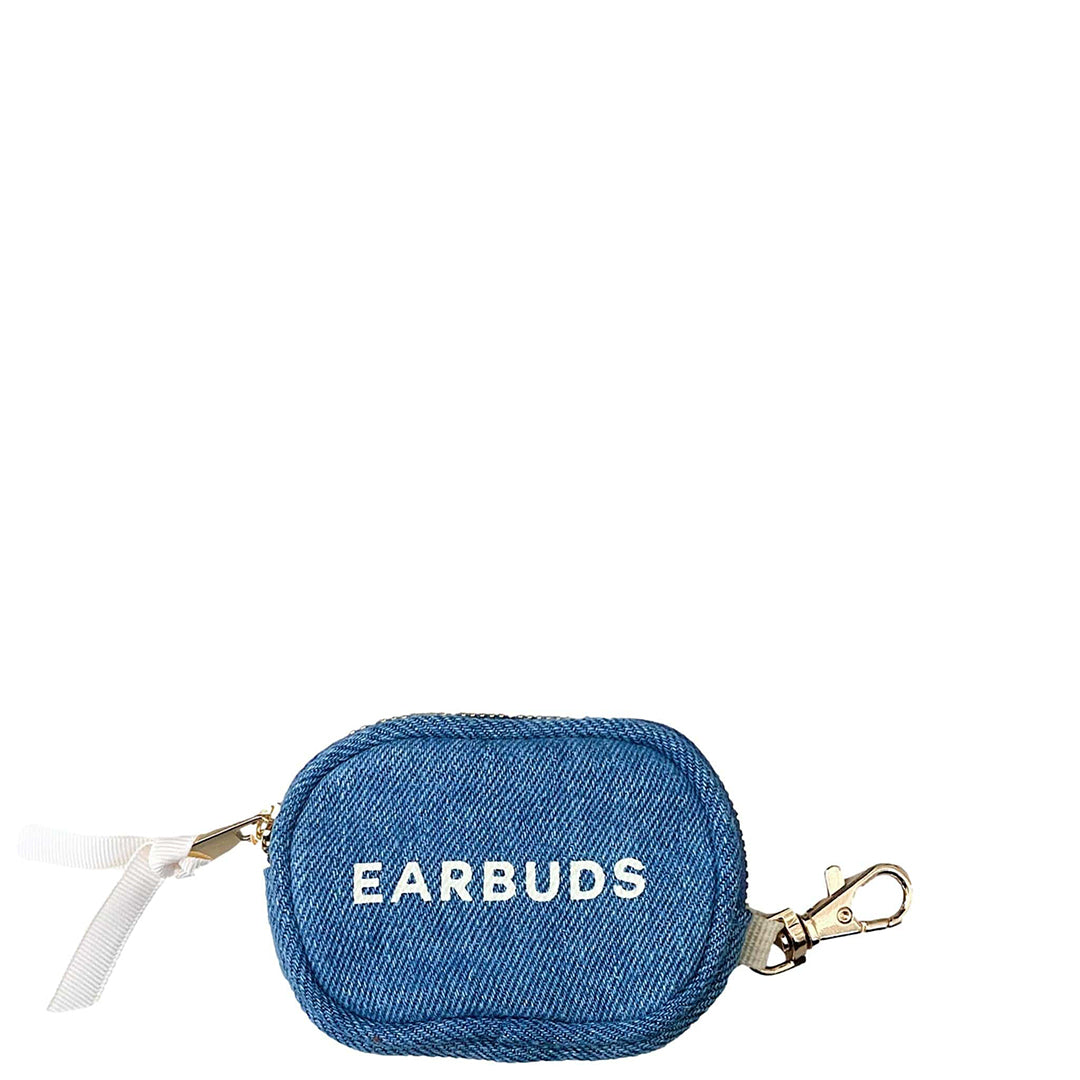 Compact denim Bag-all earbuds travel case with zipper and clasp for easy cord storage and protection on the go