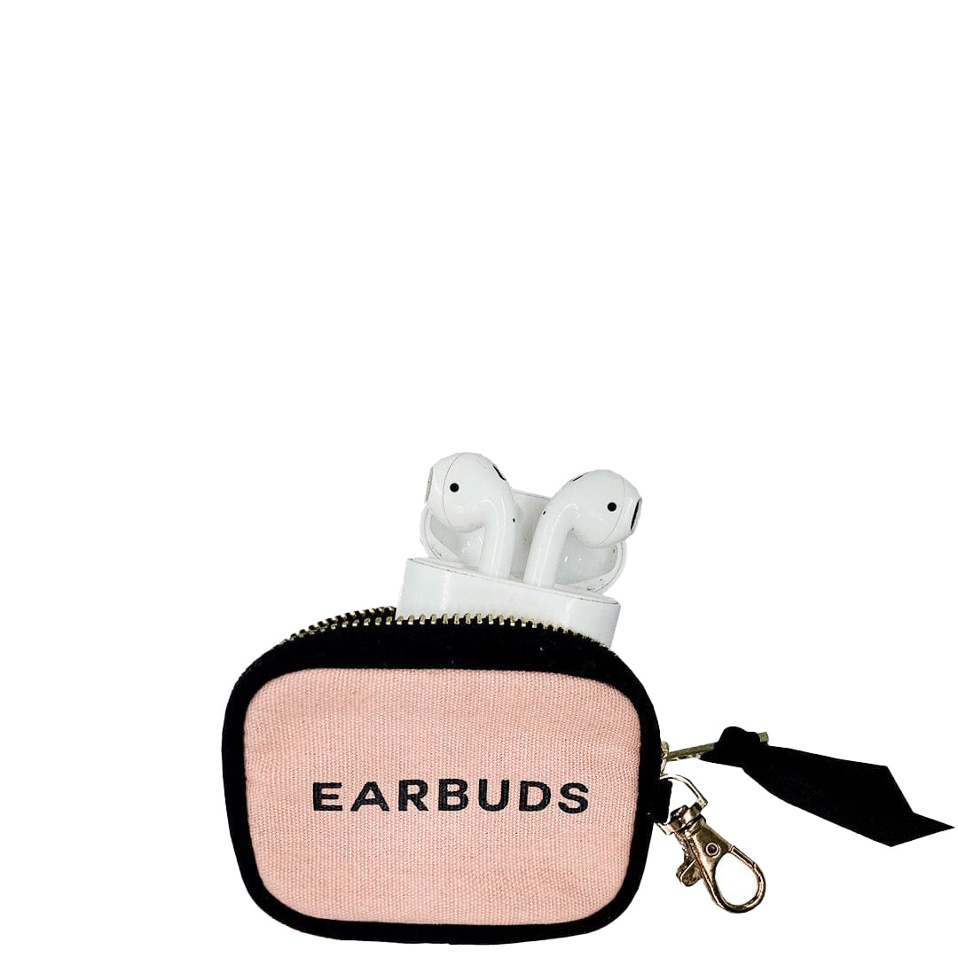 Pink Bag-all earbuds travel case with gold clasp holding white wireless earbuds on white background