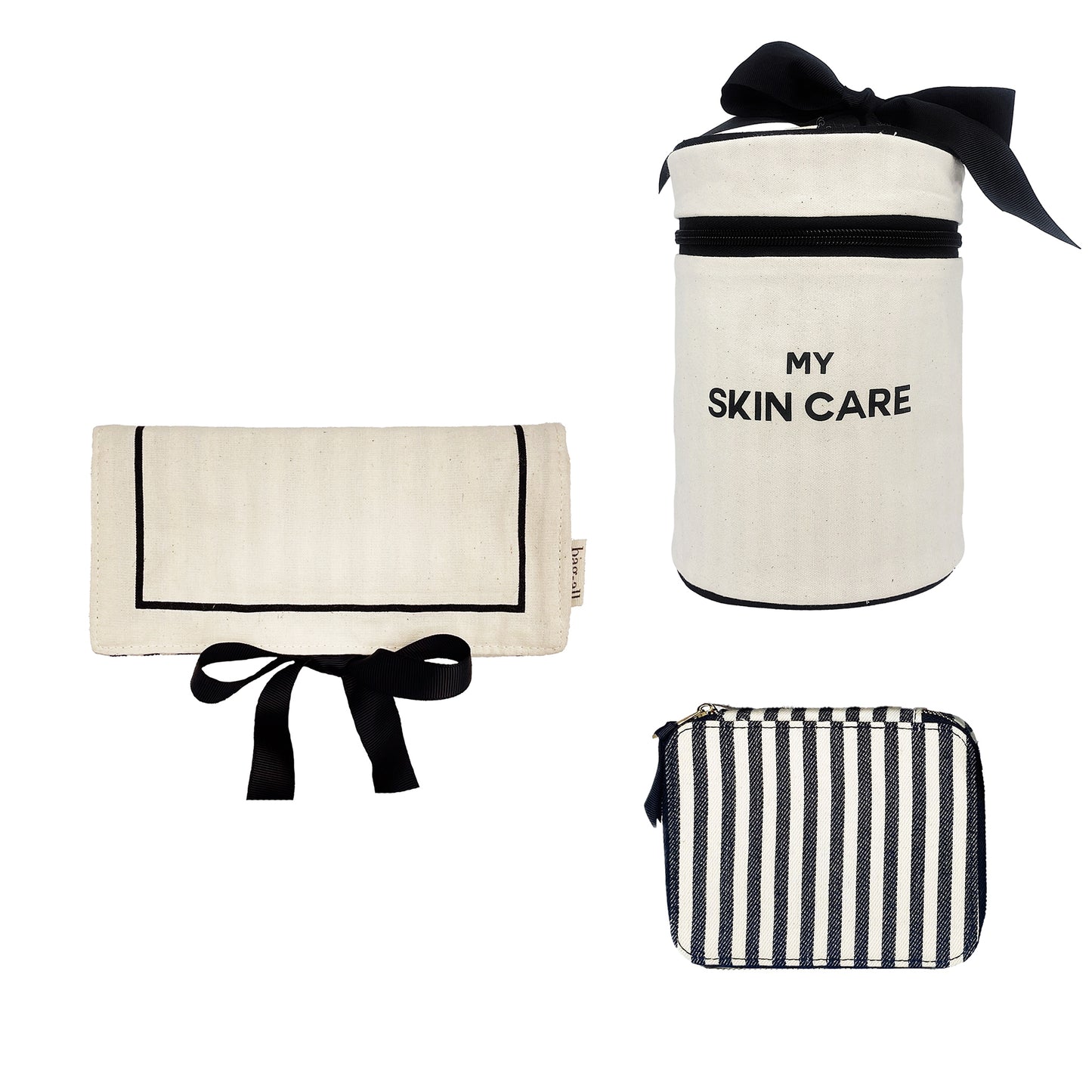 Bag-all Essential Gift Set Deal 3-Pack, Cream featuring skin care case, jewelry roll with black bow, and striped organizing pouch in natural cotton with black trim