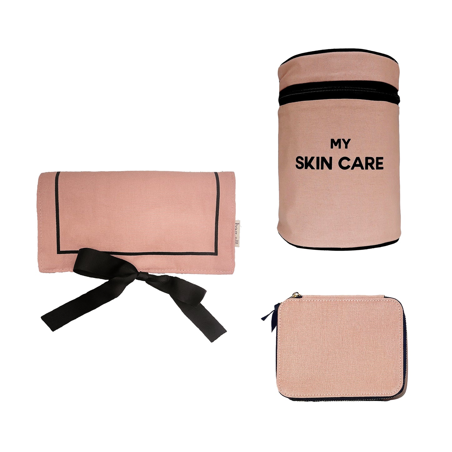 Bag-all Essential Gift Set Deal 3-Pack in Pink/Blush featuring Round Skin Care Case, Large Pill Organizing Case, and Jewelry Roll Pouch - cotton travel organizers with black trim detailing