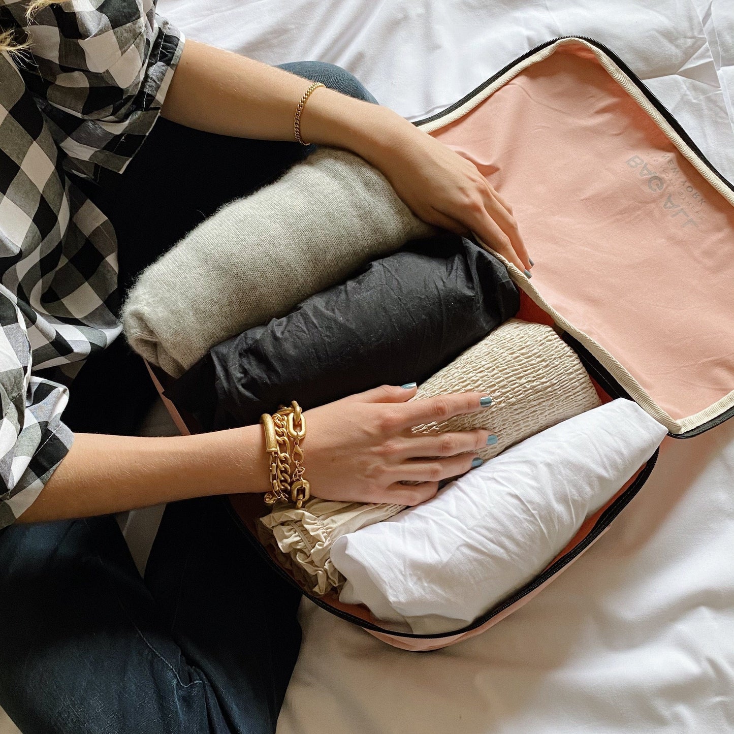 Bag-all Weekend Packing Set 3-Pack in Pink/Blush: stylish cotton travel organizer set featuring large packing cube, waterproof multi-use case, and pill organizer for efficient weekend travel