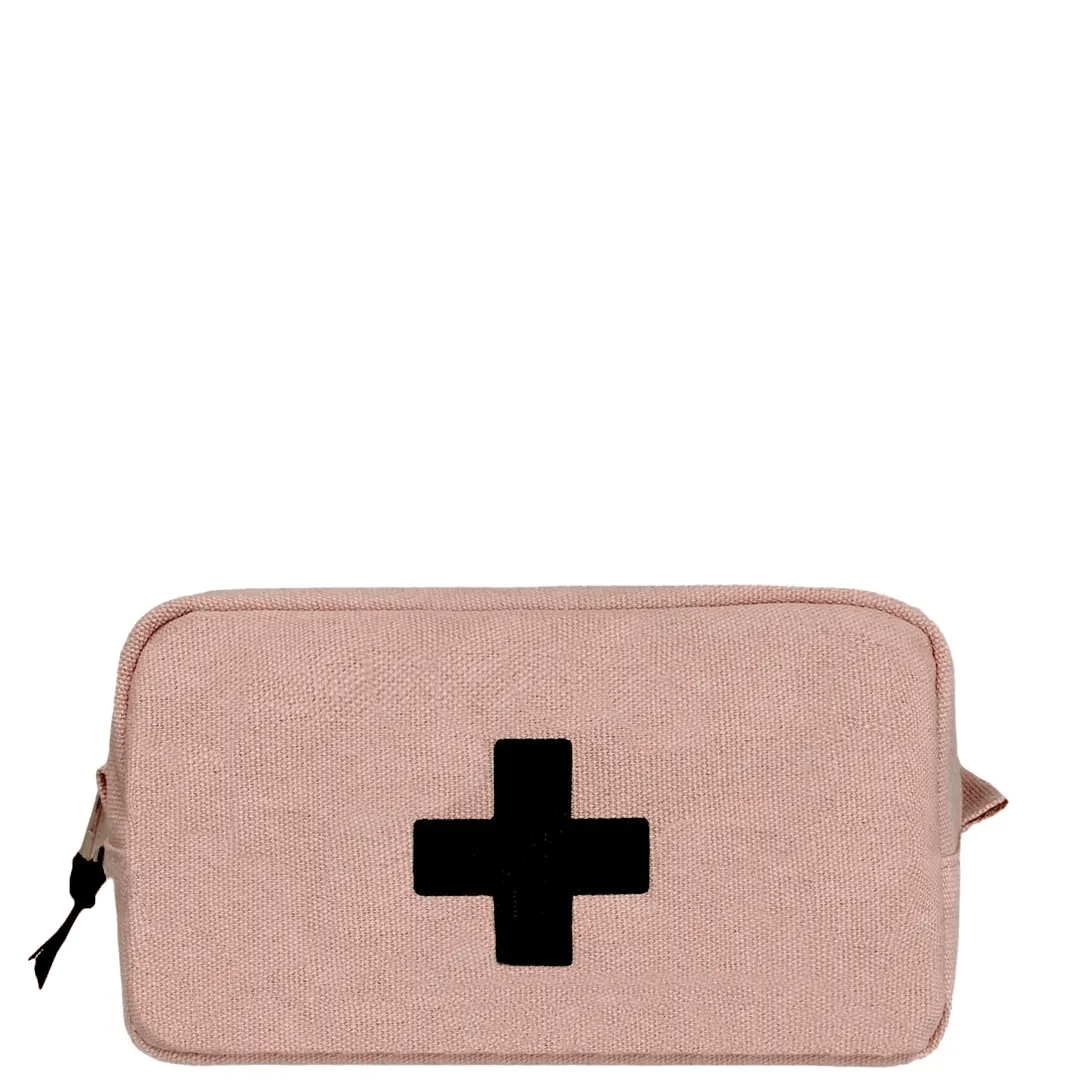 Bag-all First Aid Organizing Pouch in blush pink cotton with black medical cross, featuring zipper closure and waterproof lining for organizing medical essentials and medications
