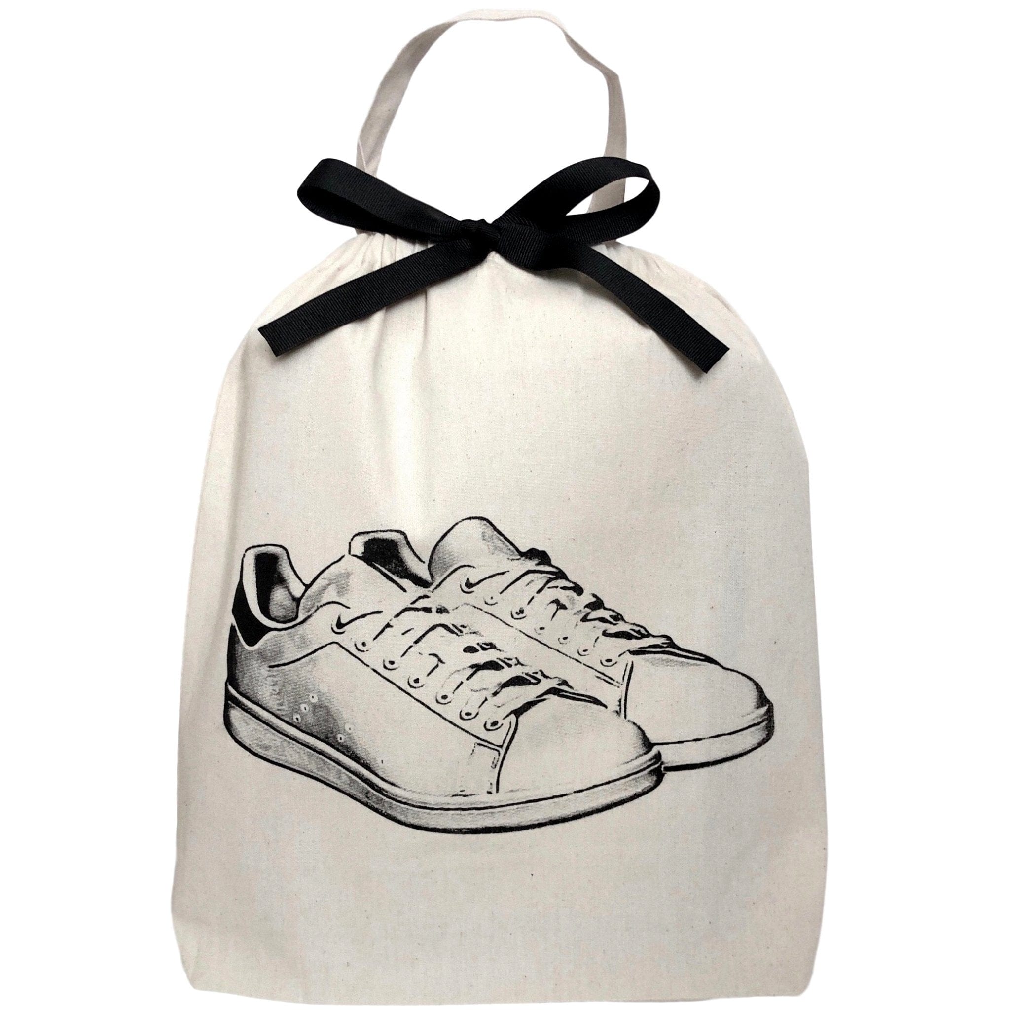 Bag-all Shoe Bags Set in cream cotton featuring black sneaker illustration and bow, perfect for organized travel storage and protection of footwear