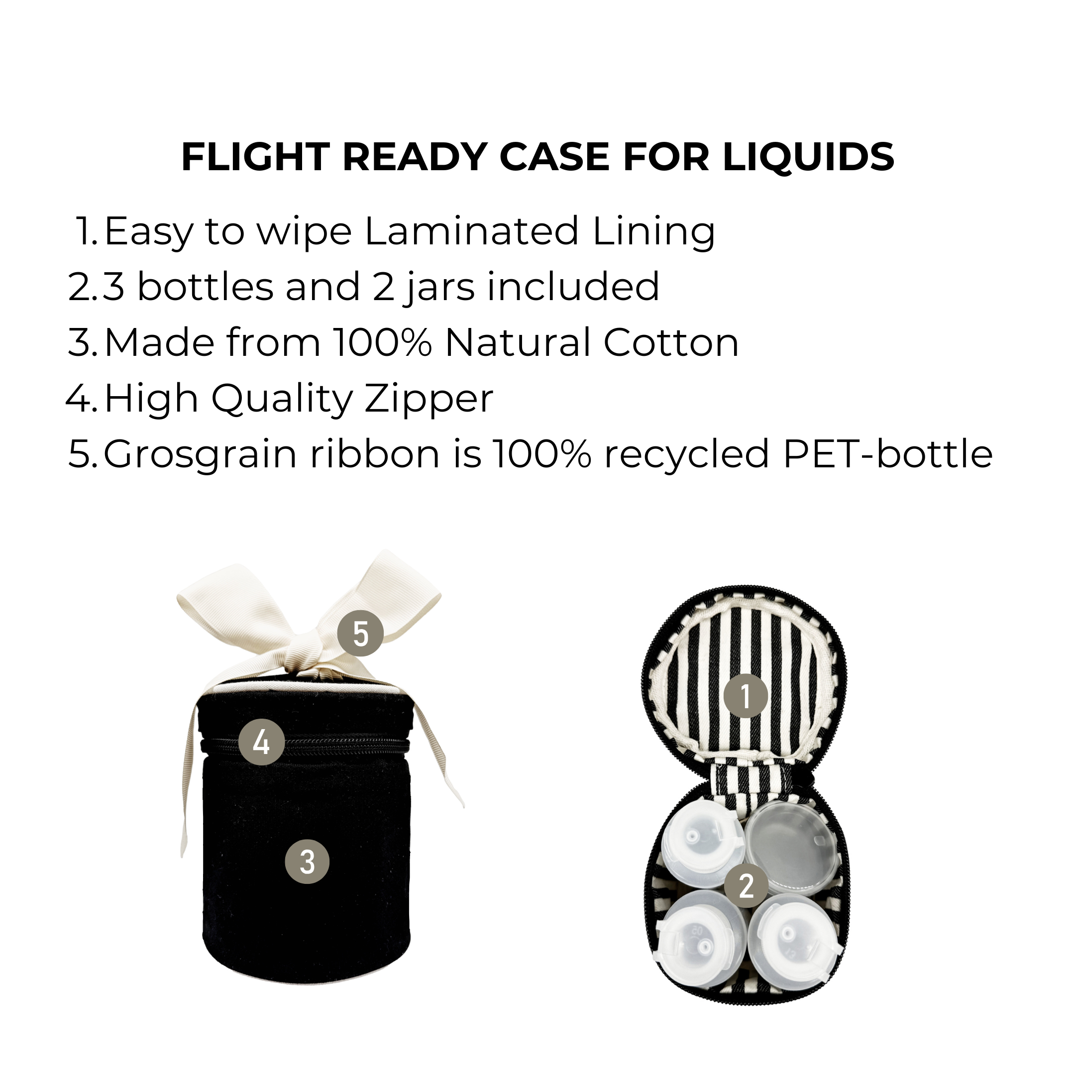 Bag-all black carry on liquids case with 3 bottles, 2 jars, natural cotton, laminated lining, and recycled grosgrain ribbon
