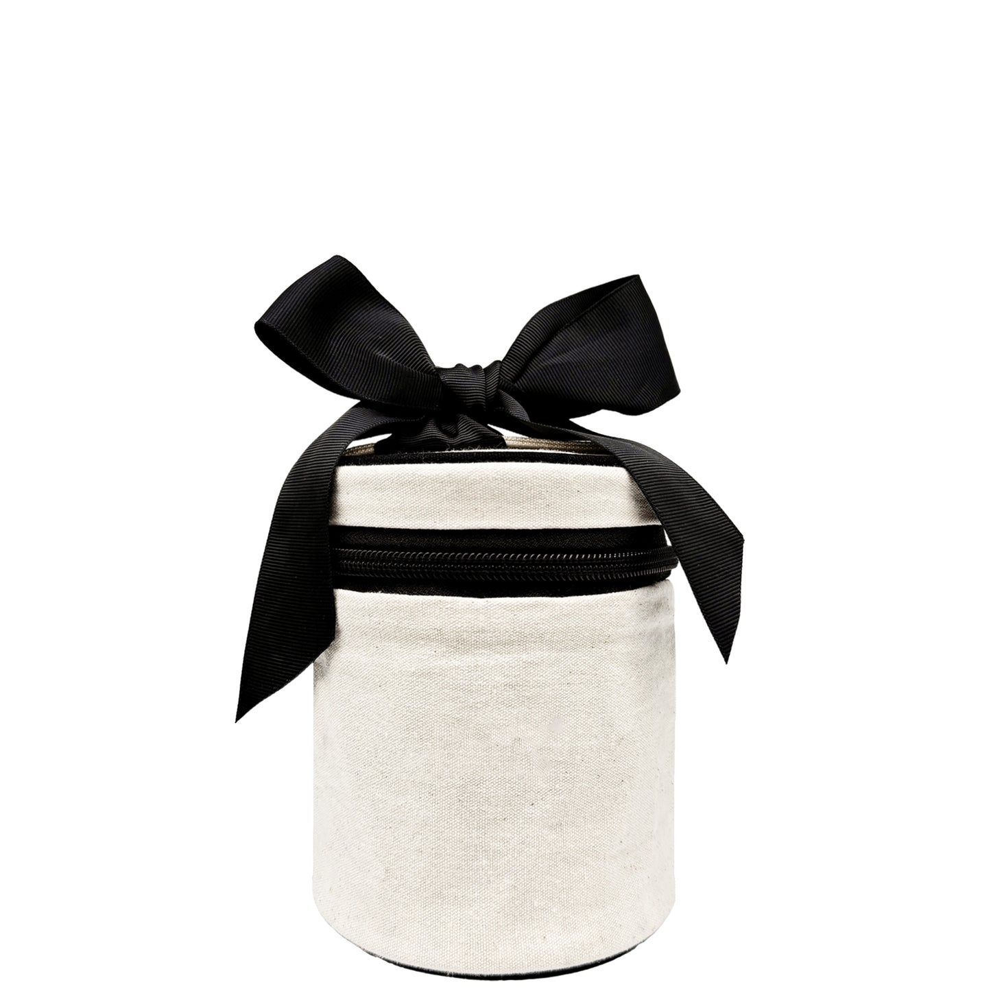 Cream carry on liquids case with black bow and zipper, compact design by Bag-all for travel essentials organization