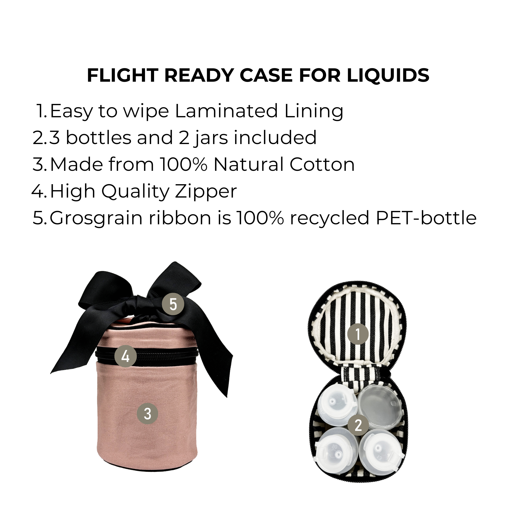 Carry On Liquids Case in pink blush by Bag-all with 3 bottles, 2 jars, natural cotton, and wipeable lining