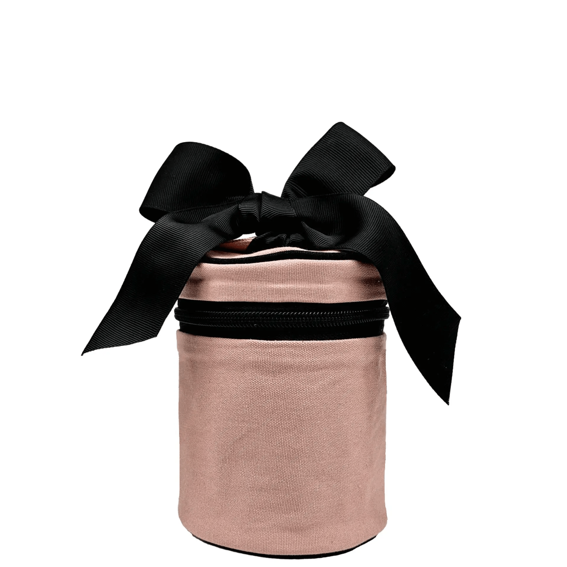 Bag-all Carry On Liquids Case in pink blush with black bow detail and zipper, includes travel bottles for convenience