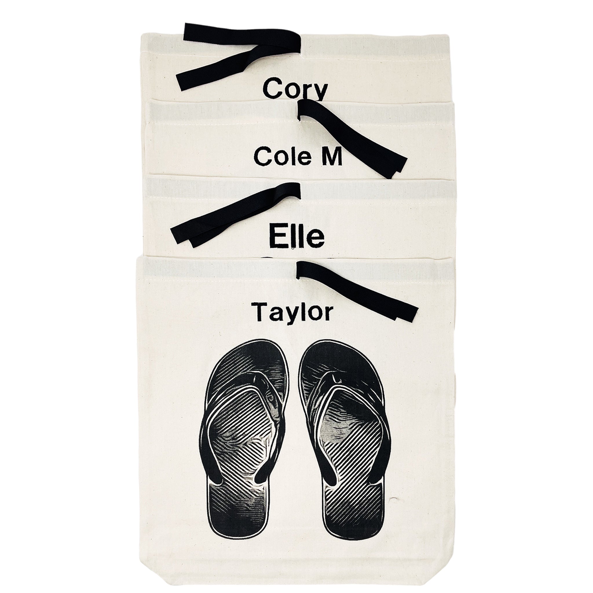 Bag-all Cream Flip Flops Shoe Bag with personalized name options and black flip flop graphic design, featuring black ribbon accents on cream cotton fabric for organized travel storage