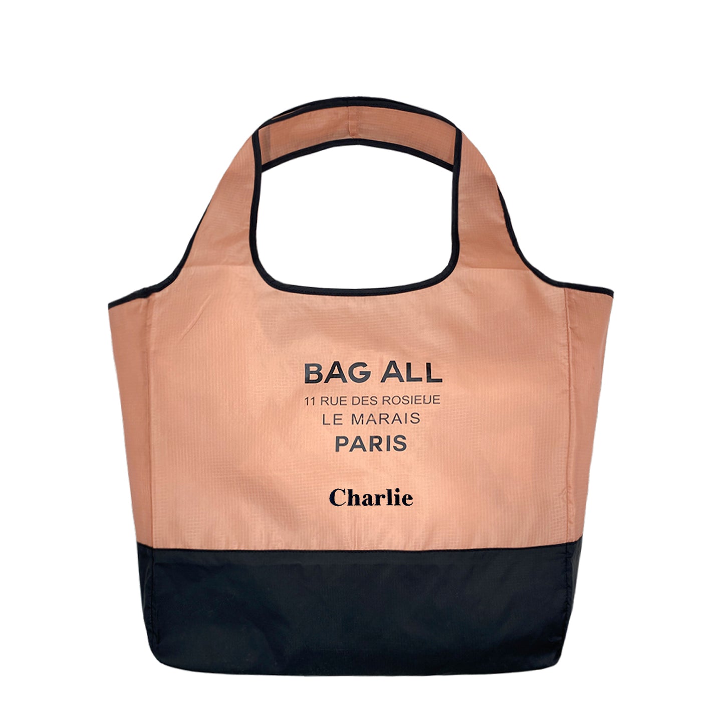 Bag-all Folding Shopping Bag with Zipper Pocket Pouch in two-tone pink and black nylon, featuring Paris store address and personalized name, perfect for sustainable shopping
