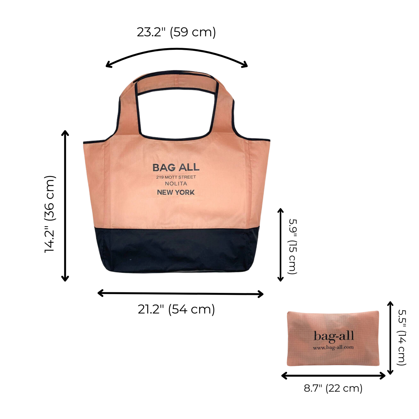 Bag-all Folding Shopping Bag with dimensions 59x56cm in pink and black nylon, featuring zipper pocket pouch 22x14cm. Eco-friendly reusable tote with brand logo.