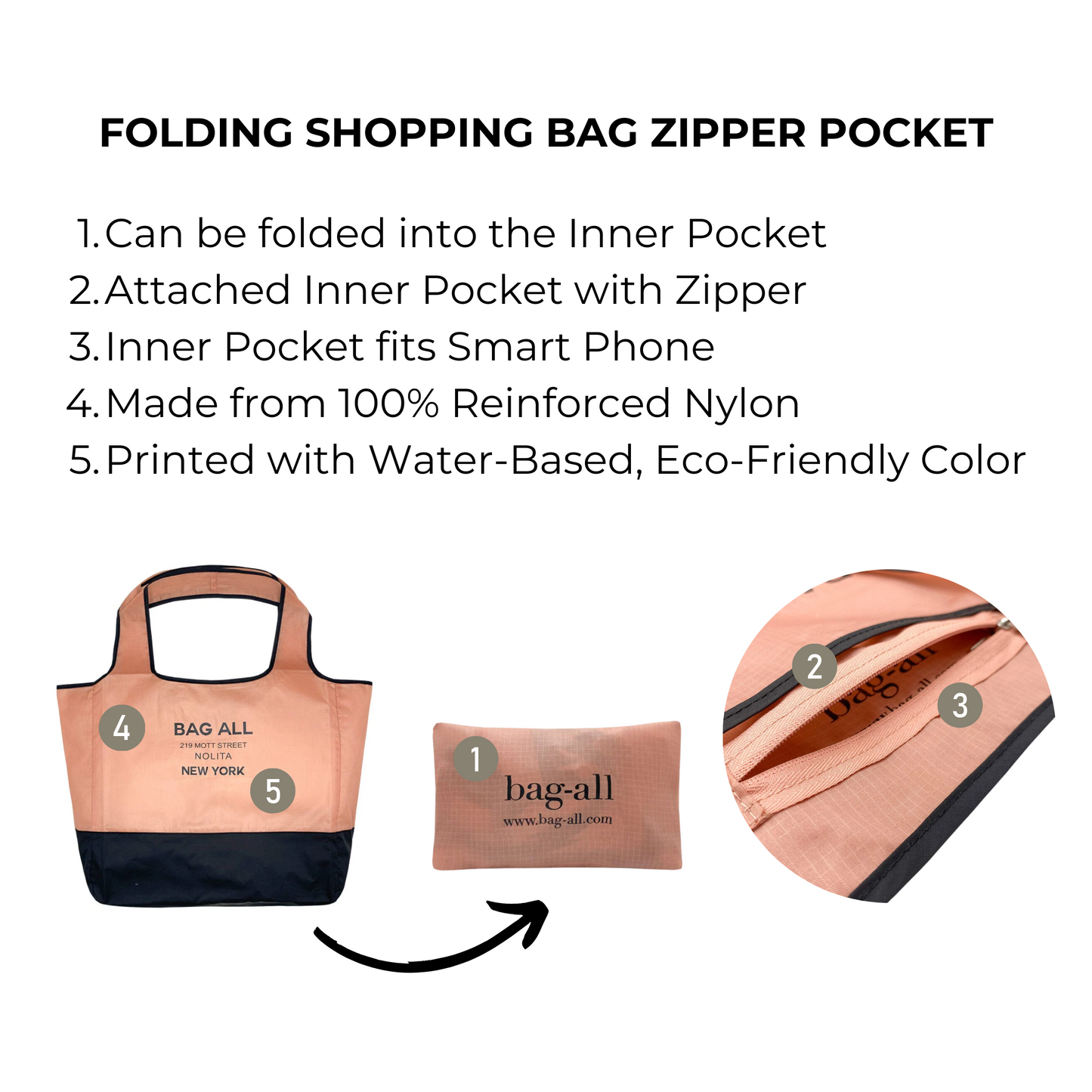 Bag-all Folding Shopping Bag with zipper pocket pouch in pink and black, featuring 100% reinforced nylon construction, compact foldable design, and smartphone-compatible inner compartment.