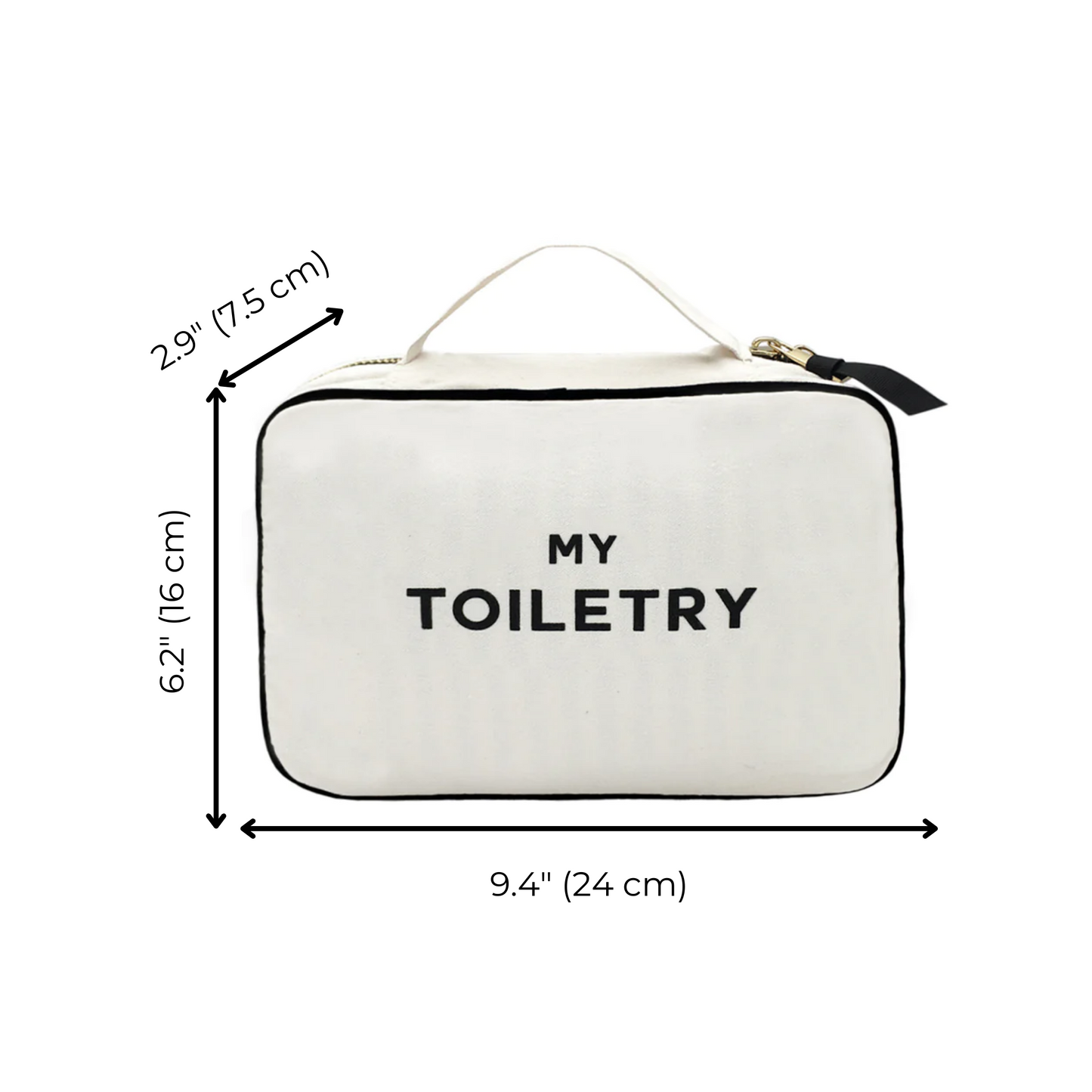 Bag-all Folding/Hanging Toiletry Case in cream with "MY TOILETRY" text, featuring three compartments, hanging ribbon, and handle, measuring 9.4" x 6.2" x 2.9