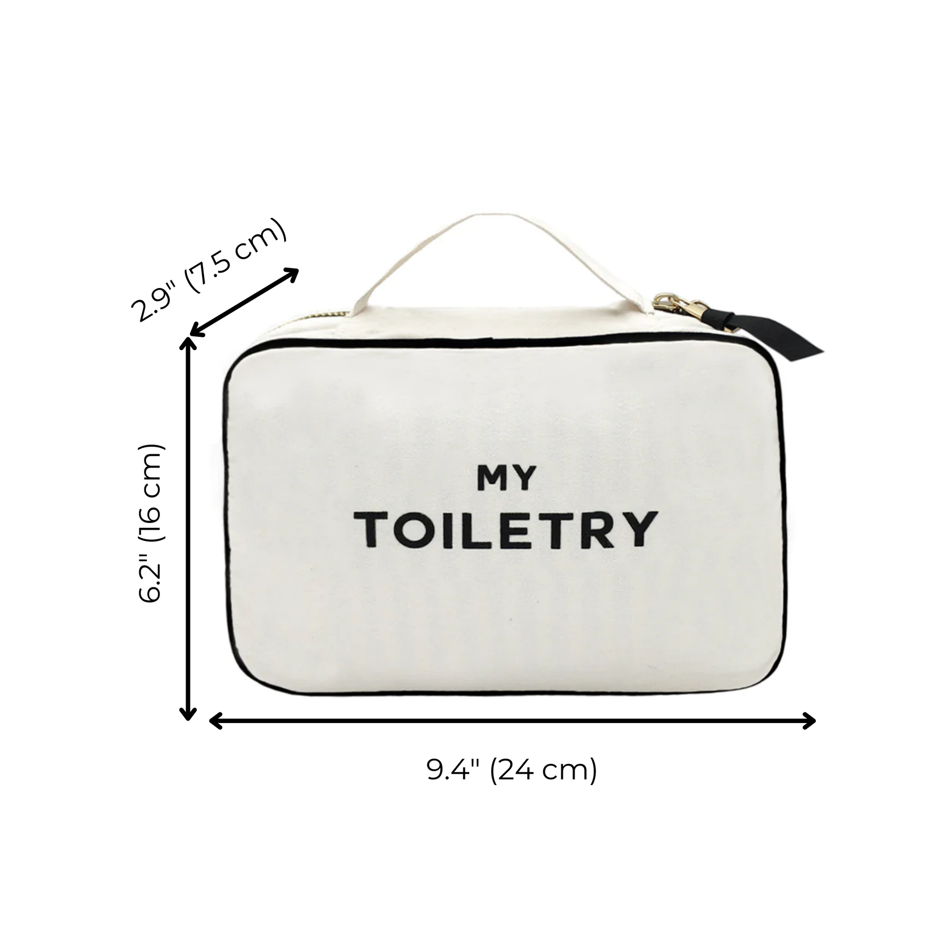 Bag-all Folding/Hanging Toiletry Case in cream with "MY TOILETRY" text, featuring three compartments, hanging ribbon, and handle, measuring 9.4" x 6.2" x 2.9
