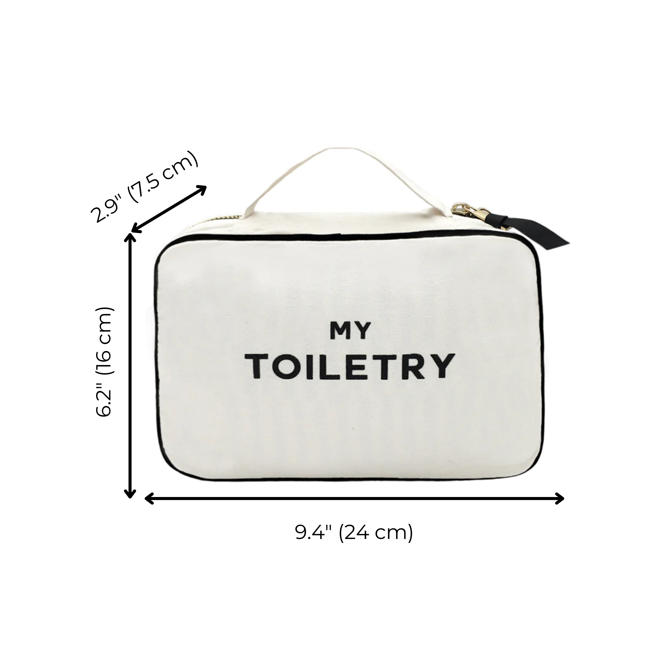 Bag-all Folding/Hanging Toiletry Case in cream with "MY TOILETRY" text, featuring three compartments, hanging ribbon, and handle, measuring 9.4" x 6.2" x 2.9