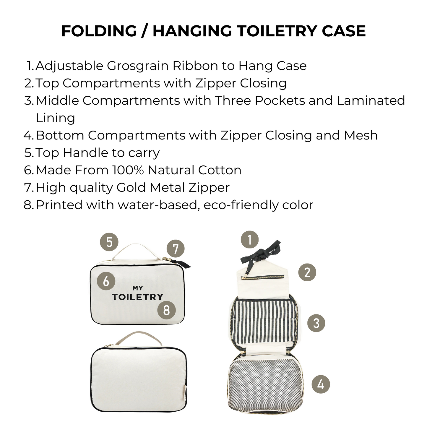 Bag-all Folding/Hanging Toiletry Case in cream features three compartments, adjustable hanging ribbon, gold metal zippers, and natural cotton construction for organized travel storage