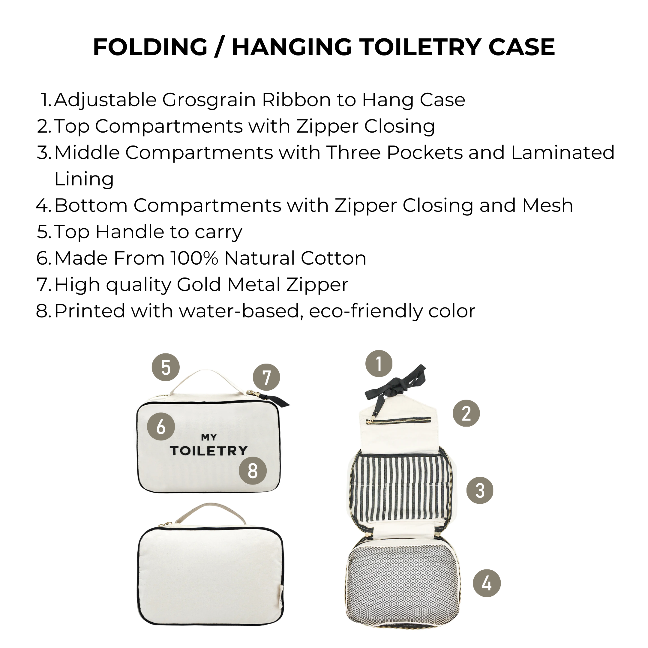 Bag-all Folding/Hanging Toiletry Case in cream features three compartments, adjustable hanging ribbon, gold metal zippers, and natural cotton construction for organized travel storage