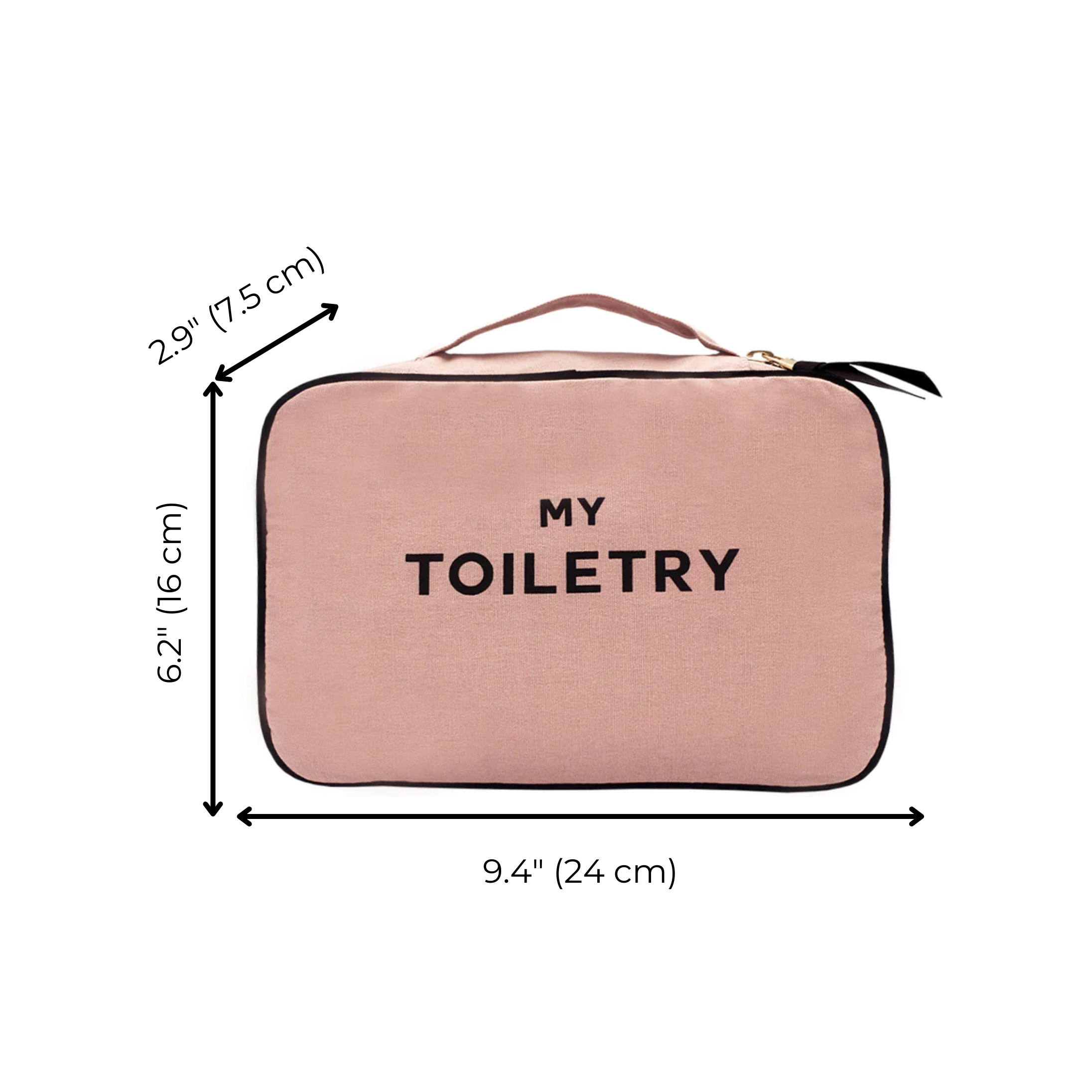 Bag-all Folding Toiletry Case in pink blush with My Toiletry text, featuring measurements 9.4x6.2x2.9 inches, hanging handle and multiple compartments for travel organization