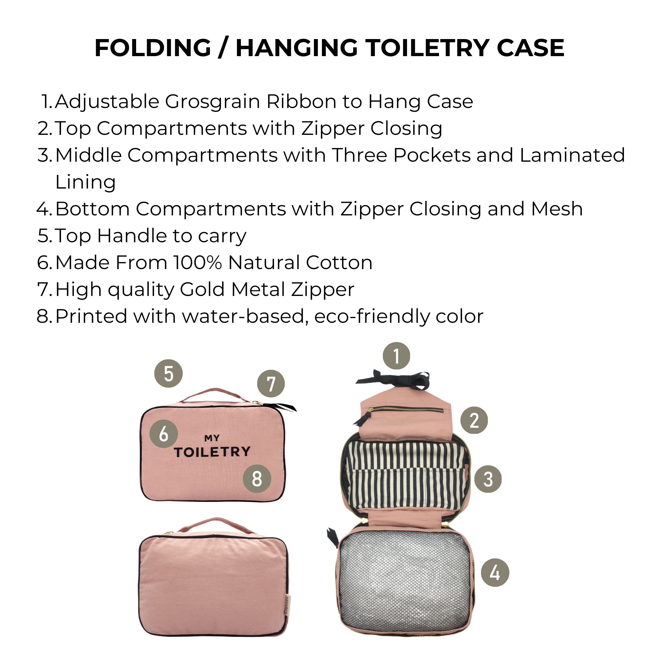 Bag-all Folding/Hanging Toiletry Case in pink features multiple compartments, mesh bottom, adjustable hanging ribbon, and natural cotton construction with gold hardware, perfect for organized travel