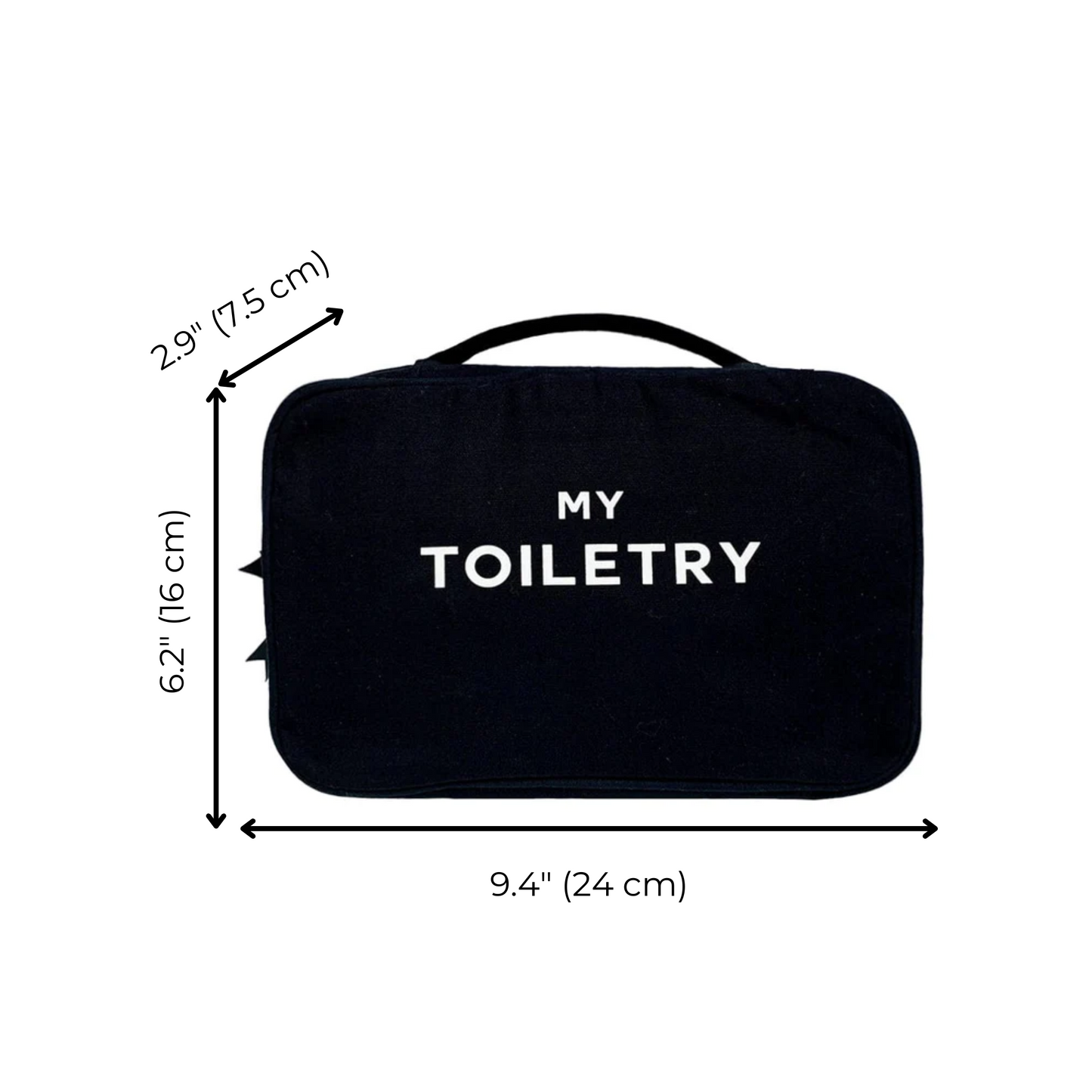 Bag-all Folding Hanging Toiletry Case in black cotton with 'MY TOILETRY' text, featuring three compartments and hanging design, measuring 9.4x6.2 inches