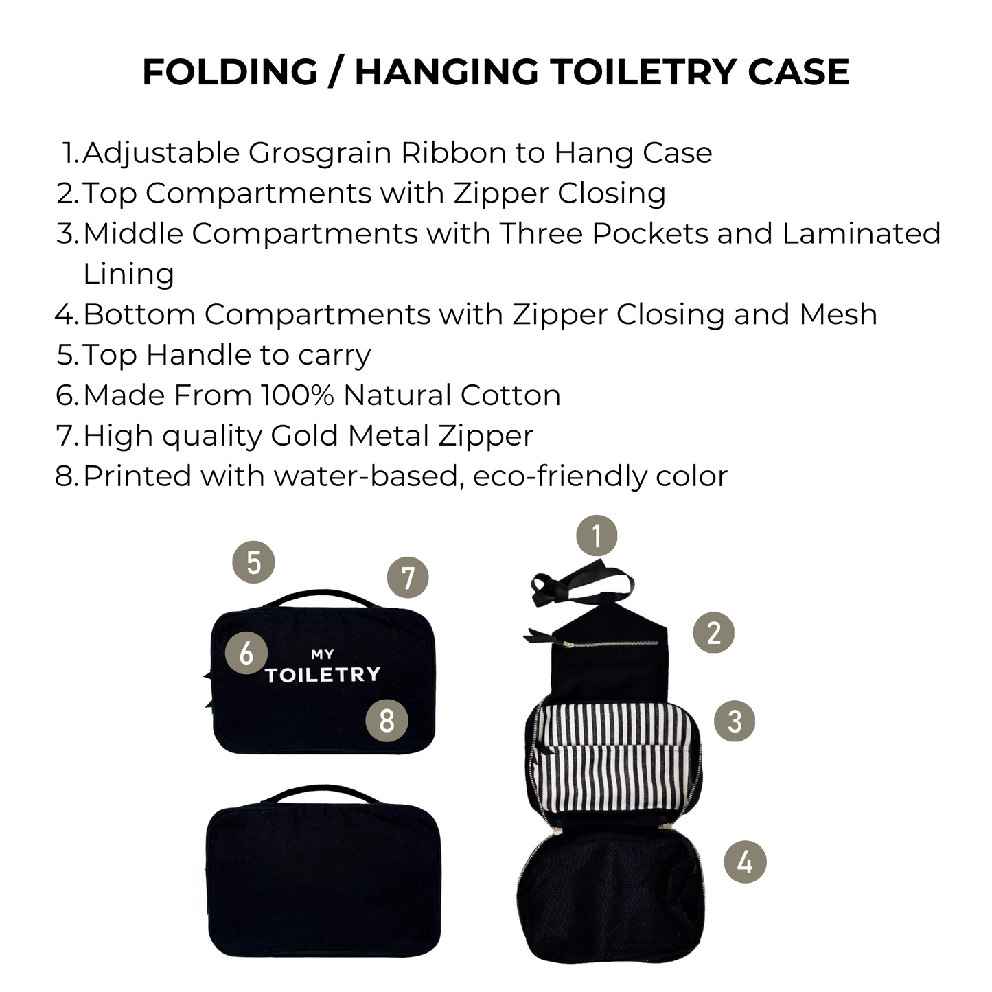 Bag-all Black Folding/Hanging Toiletry Case with three compartments, adjustable ribbon, natural cotton construction, and gold metal zippers. Features mesh pocket and striped middle section for organized travel storage.