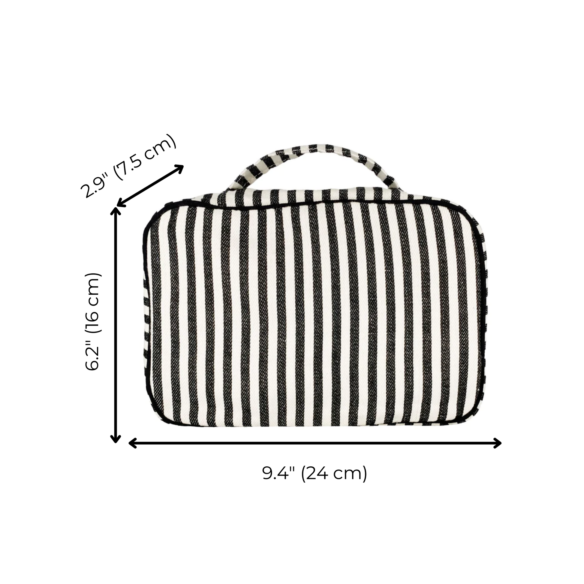 Bag-all Striped Folding/Hanging Toiletry Case with measurements - black and white cotton striped travel organizer with three compartments and hanging hook, 9.4 x 6.2 x 2.9 inches