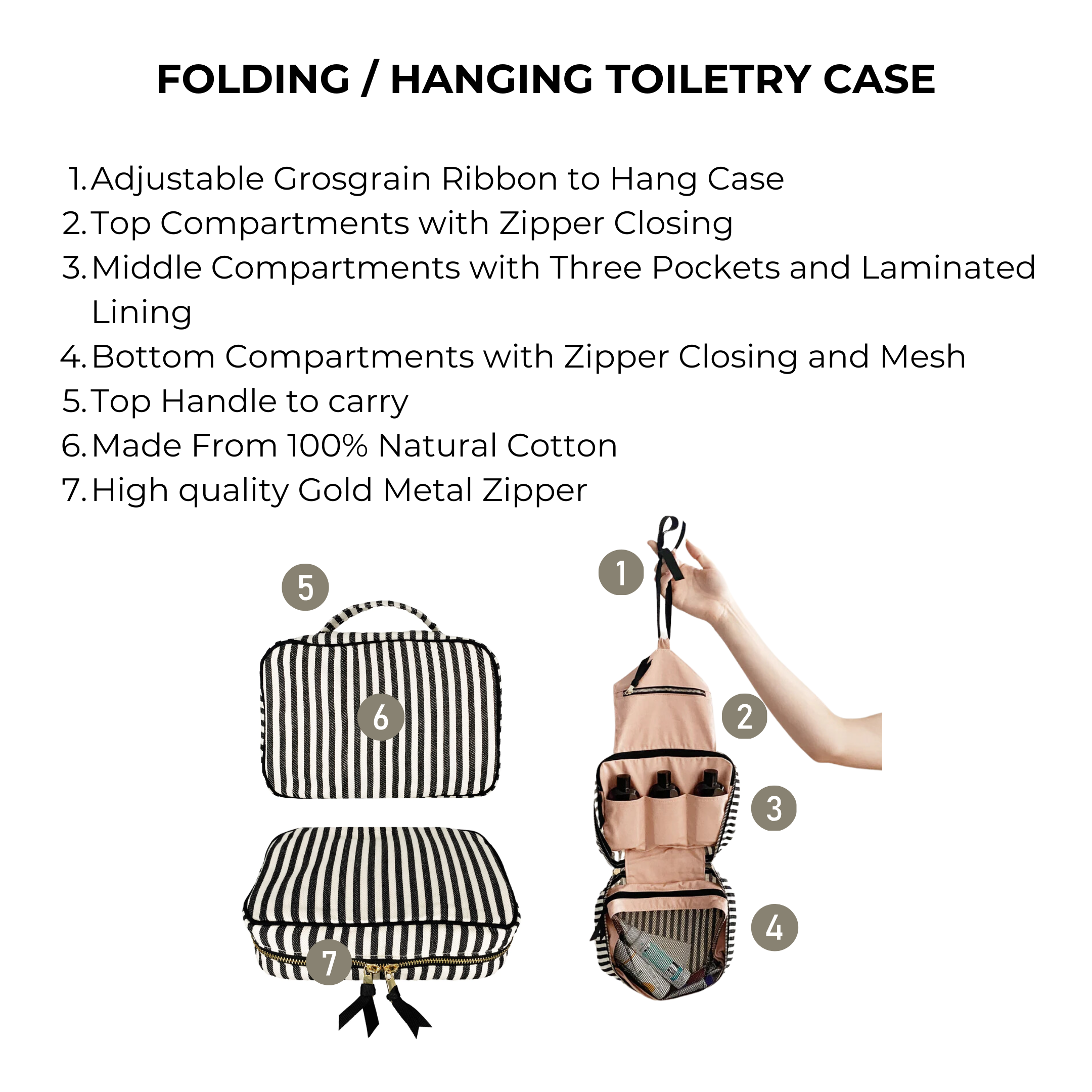 Bag-all Folding/Hanging Toiletry Case in striped cotton features three-tier compartments, mesh pocket, adjustable hanging ribbon, and gold zippers. Perfect for organized travel and bathroom storage.