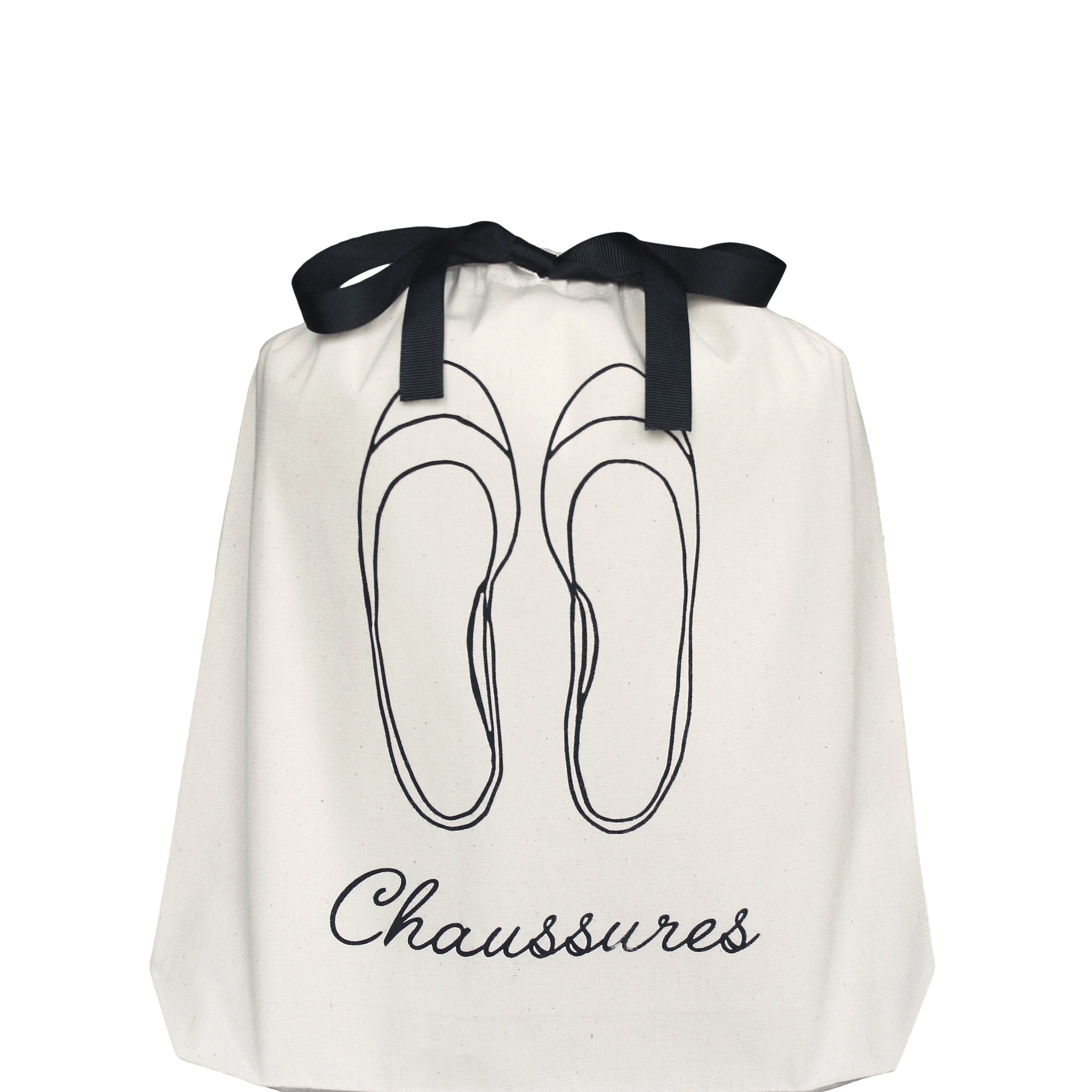 Bag-all French Collection Travel 3-pack in cream cotton with black ribbon ties, featuring chaussures (shoes) illustration in elegant line art design, perfect for stylish travel organization