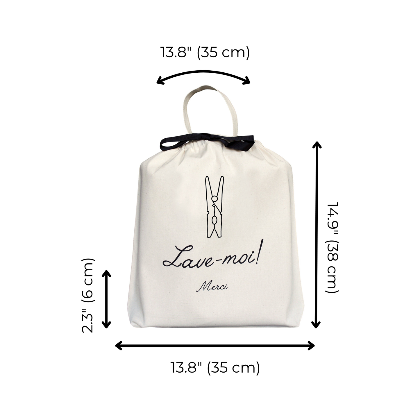 Bag-all Lave-moi Merci French Laundry Bag in cream cotton with black clothespin design and text, featuring drawstring closure, measuring 35x38cm