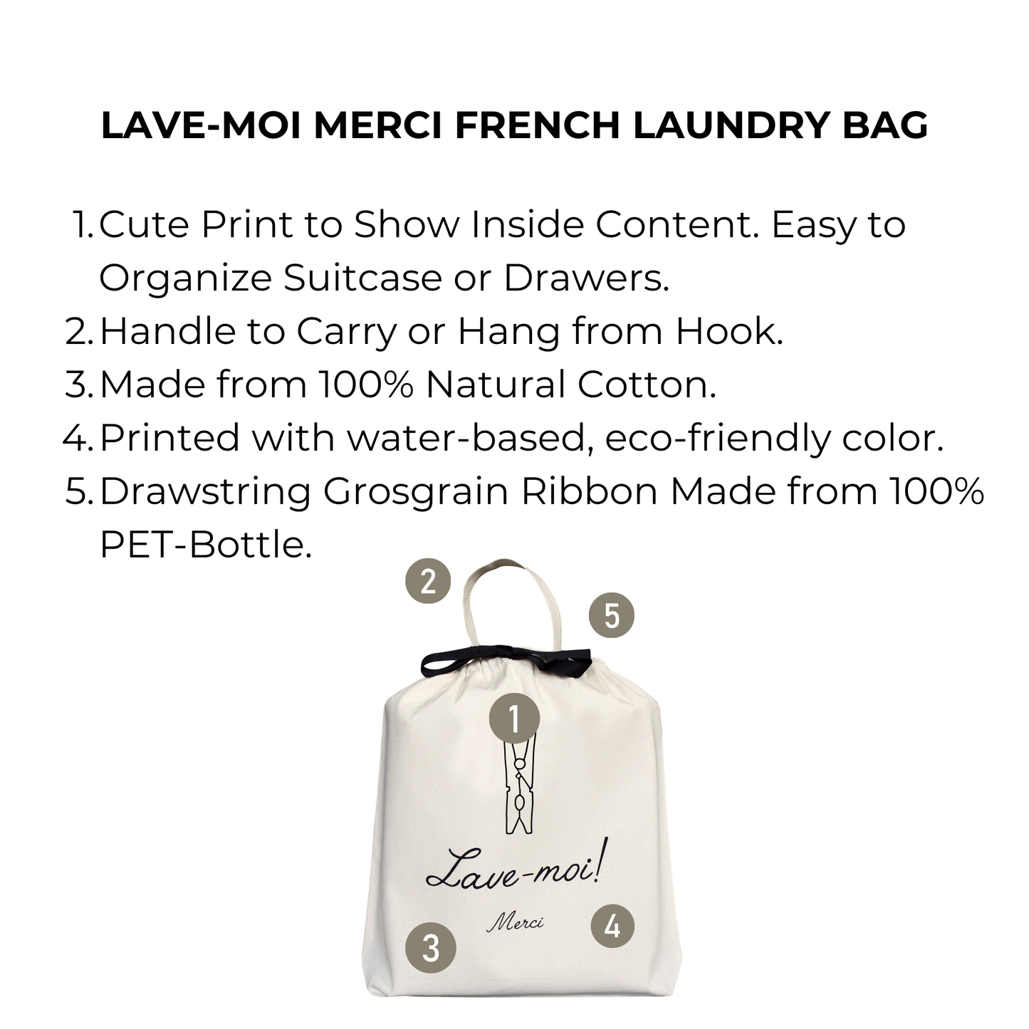Bag-all Lave-moi Merci French Laundry Bag in cream cotton with eco-friendly print, featuring drawstring closure and handle for hanging. Perfect for travel organization and sustainable storage.