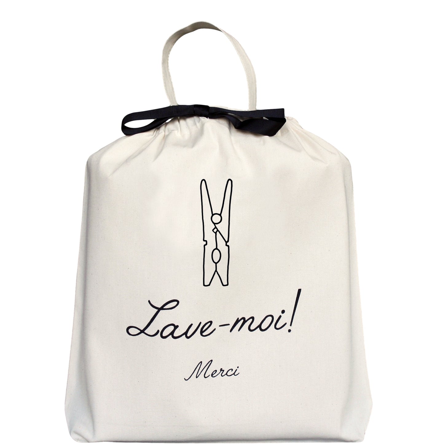 Bag-all Lave-moi Merci French Laundry Bag in cream cotton featuring black clothespin illustration and French text, with elegant black ribbon drawstring closure and carrying handle
