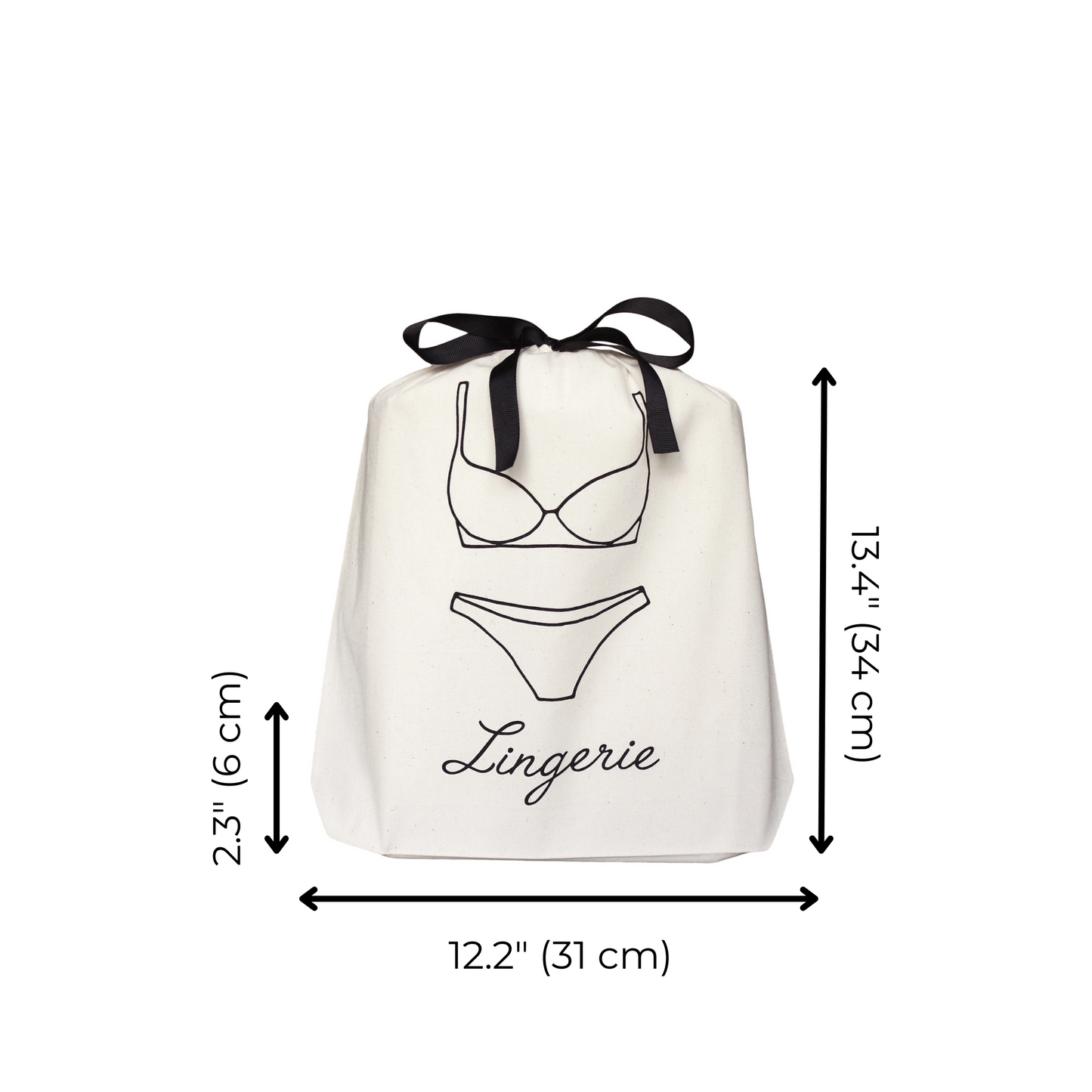 Bag-all Cream Cotton Lingerie French Travel Bag with black bow and illustrated bra and panty design, featuring elegant script text and product dimensions 31x34x6 cm