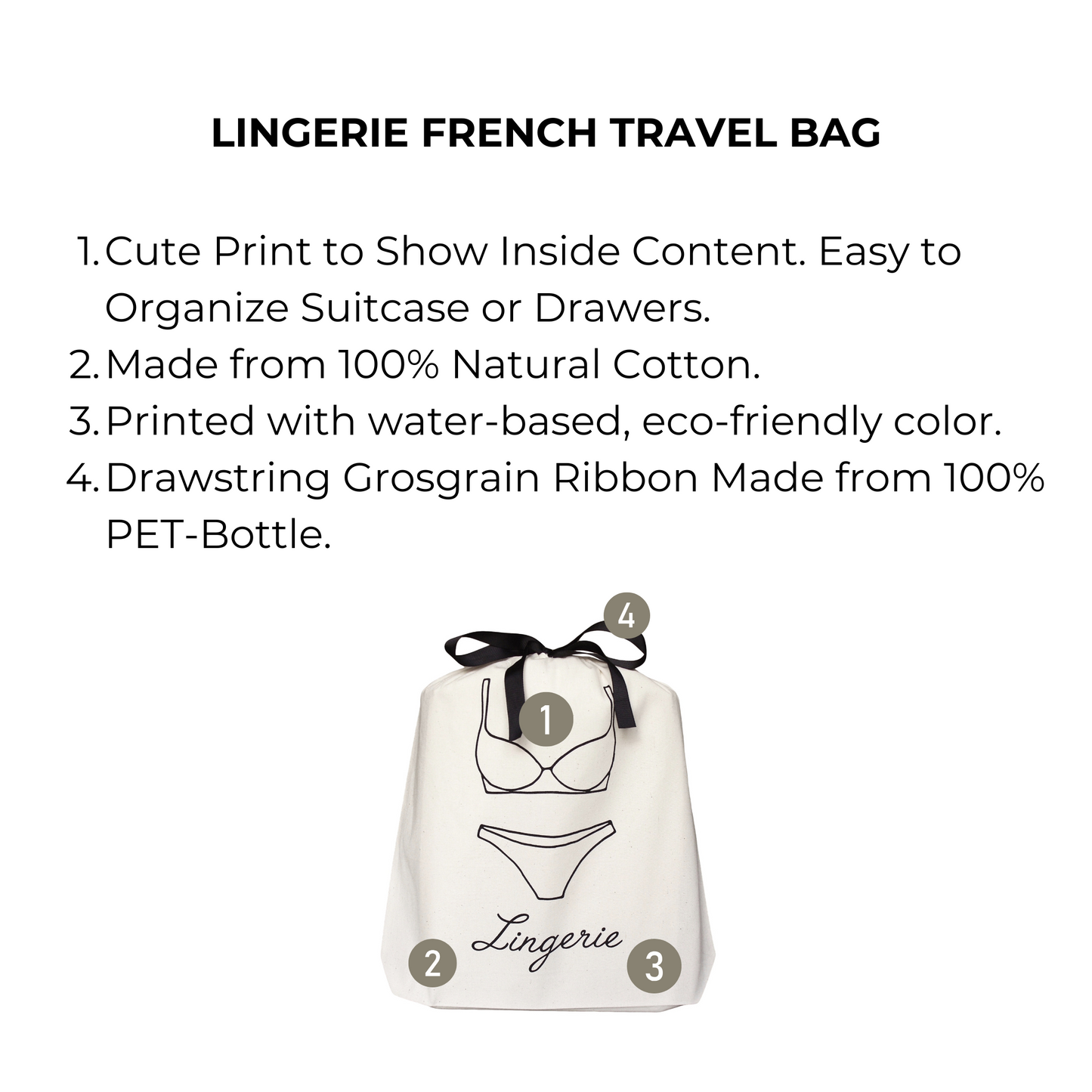 Bag-all Lingerie French Travel Bag in cream cotton with eco-friendly lingerie print design, featuring drawstring closure and sustainable ribbon - perfect for organized travel packing