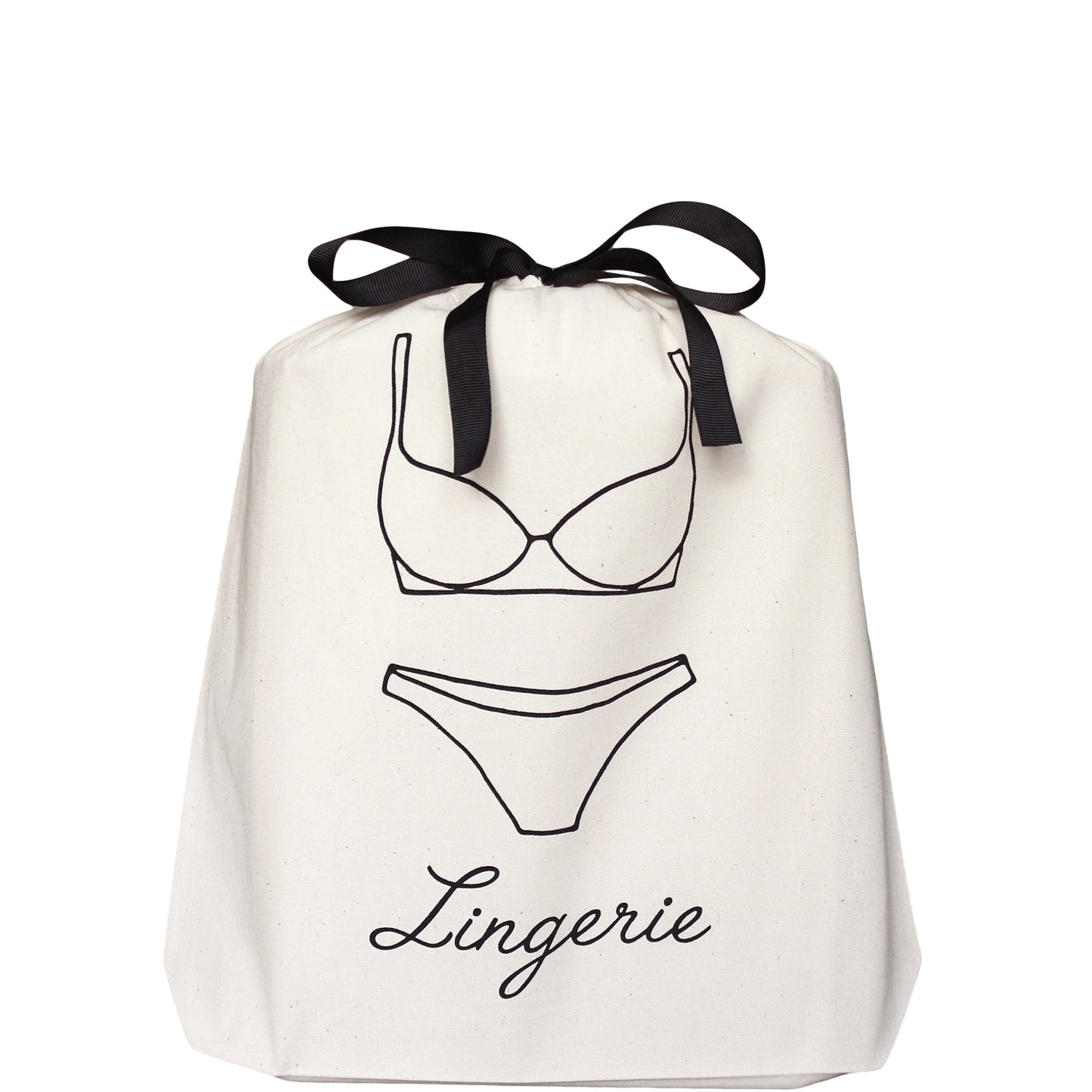 Bag-all Lingerie French Travel Bag in cream cotton with black lingerie illustration and bow tie closure, perfect for organized travel packing