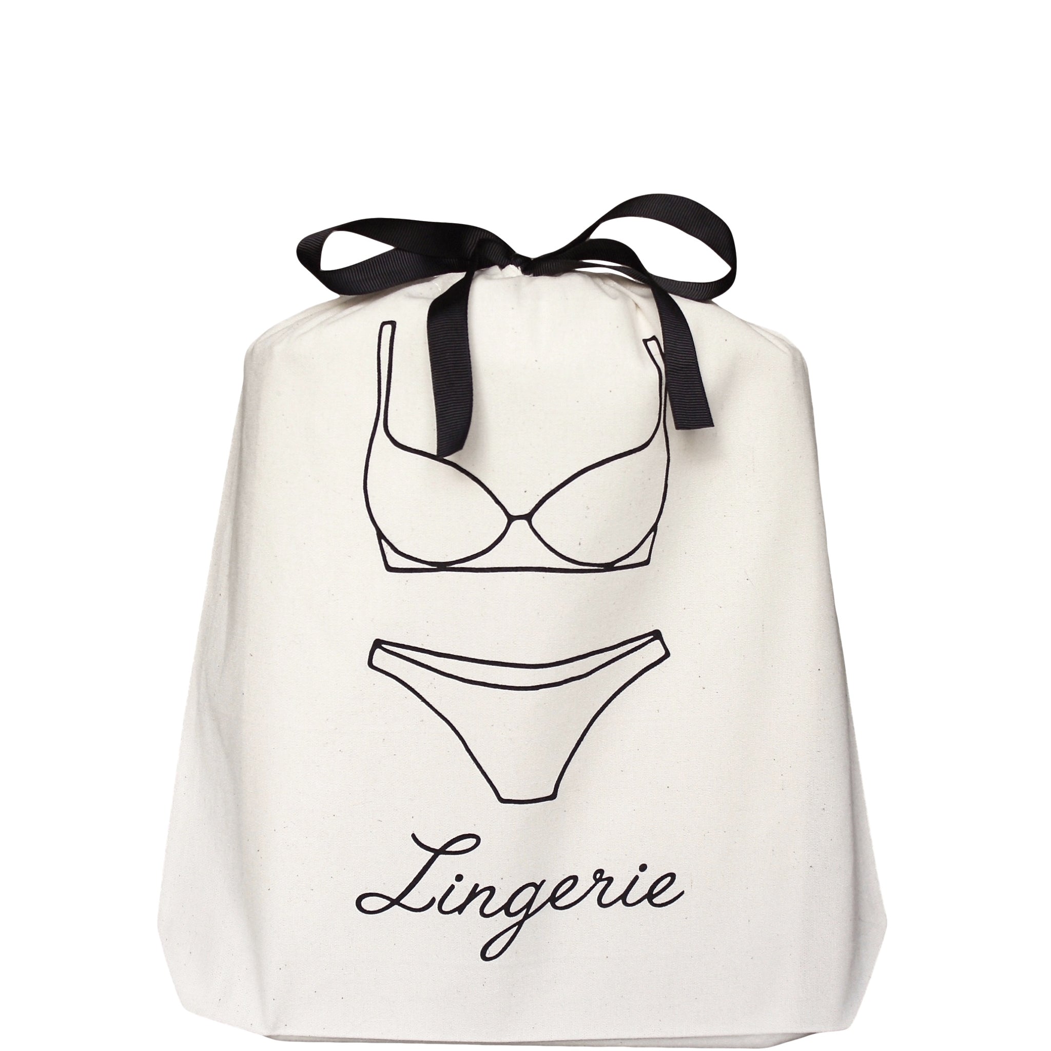 Bag-all Lingerie French Travel Bag in cream cotton with black lingerie illustration and bow tie closure, perfect for organized travel packing