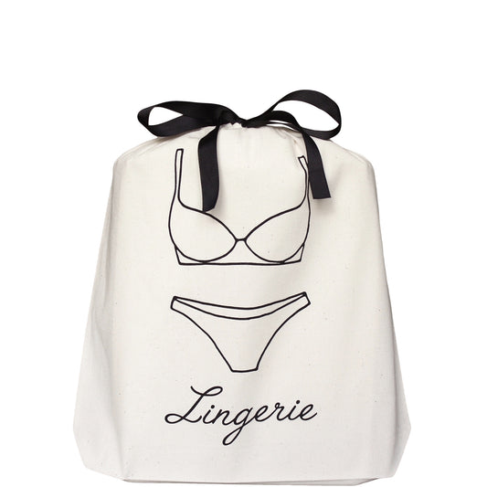 Bag-all Lingerie French Travel Bag in cream cotton with black lingerie illustration and bow tie closure, perfect for organized travel packing