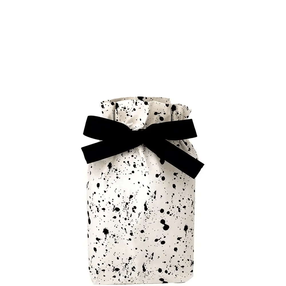 Reusable cotton gift bag, splatter-print pattern, with black bow, Bag-all