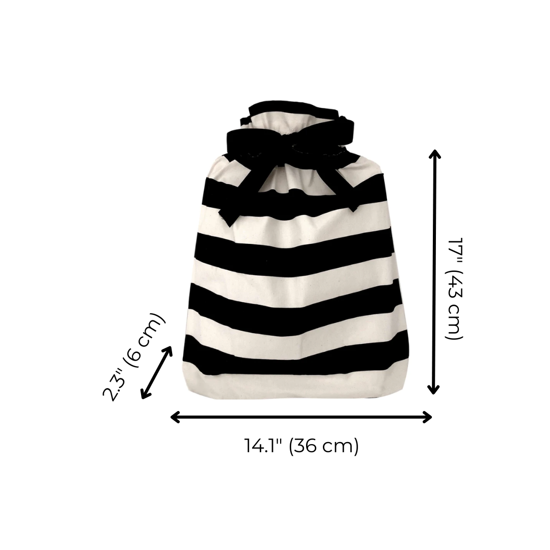 Bag-all Gift Bag Striped Large: Reusable black and white striped fabric gift bag with bow closure, measuring 17.1 x 14.1 inches, perfect for sustainable gift wrapping
