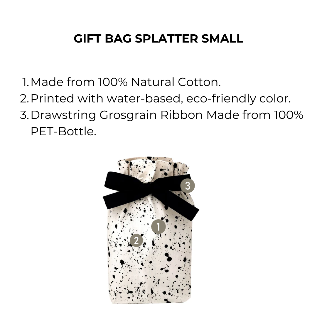 Bag-all Gift Bag Splatter Small: Eco-friendly cotton gift bag with black paint splatter design and recycled PET drawstring ribbon, perfect for sustainable gift wrapping