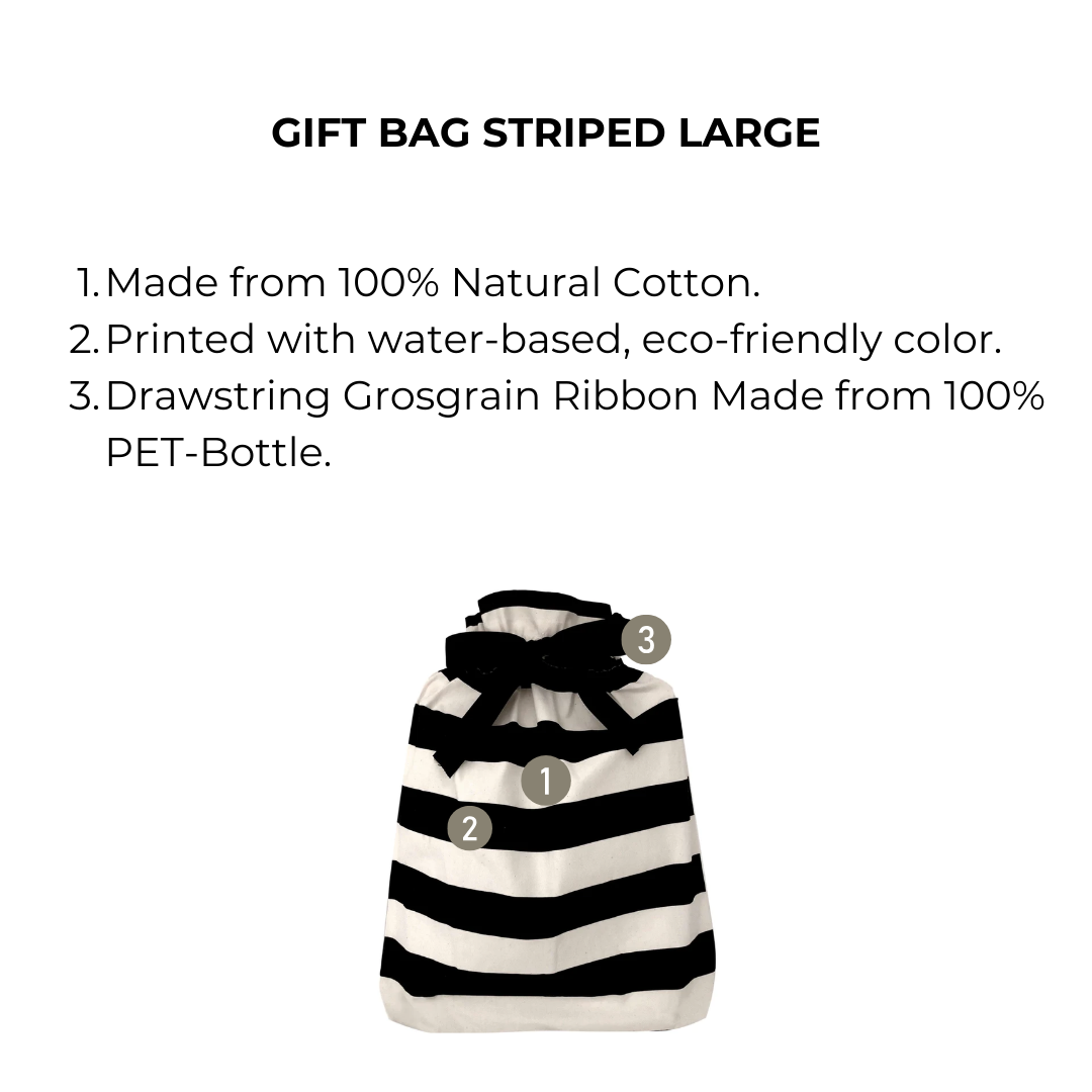 Bag-all Gift Bag Striped Large: Reusable black and white striped cotton gift bag with eco-friendly drawstring, perfect for sustainable gift wrapping