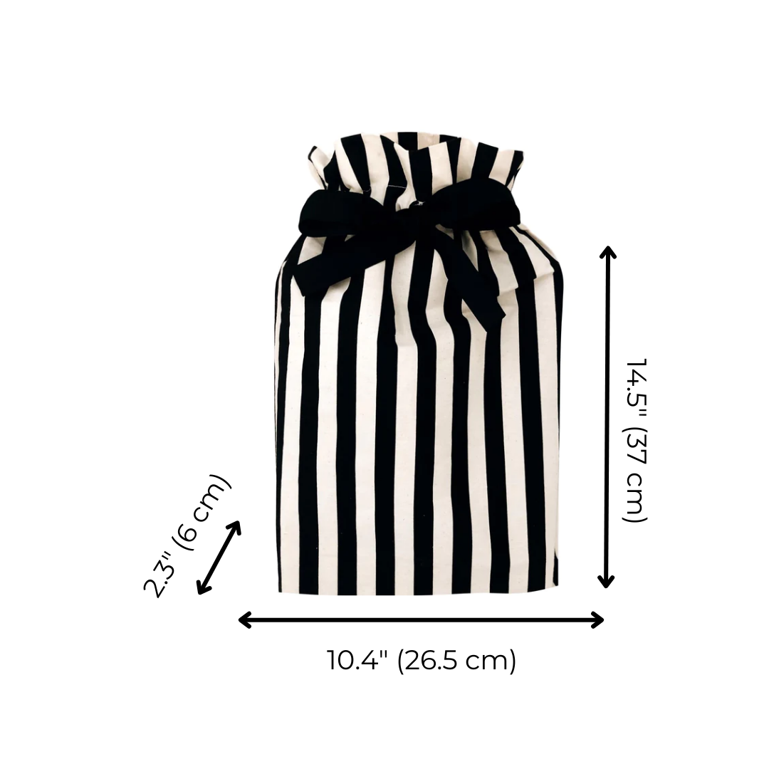 Bag-all Gift Bag Striped Medium - Reusable black and white vertical striped cotton gift bag with black bow closure, featuring sustainable design and measurements 14.5" x 10.4
