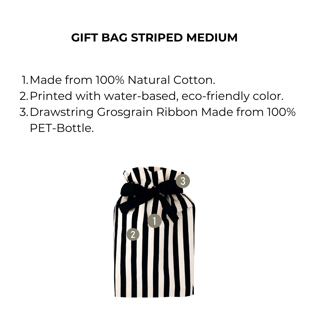 Bag-all Gift Bag Striped Medium: Eco-friendly reusable cotton gift bag with black and white stripes, featuring recycled PET drawstring ribbon for sustainable gift wrapping