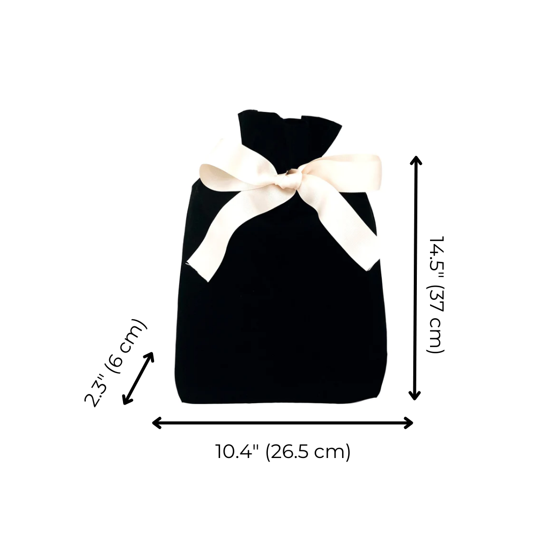 Bag-all Gift Bag Black Medium with elegant cream bow, reusable fabric design featuring drawstring closure, perfect for sustainable gift giving, 14.5 x 10.4 inches