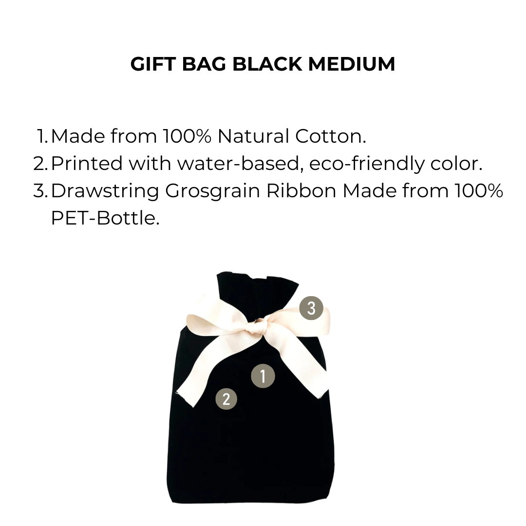 Bag-all Medium Black Gift Bag with eco-friendly cotton fabric and recycled PET ribbon drawstring, perfect for sustainable gift wrapping and reusable occasions